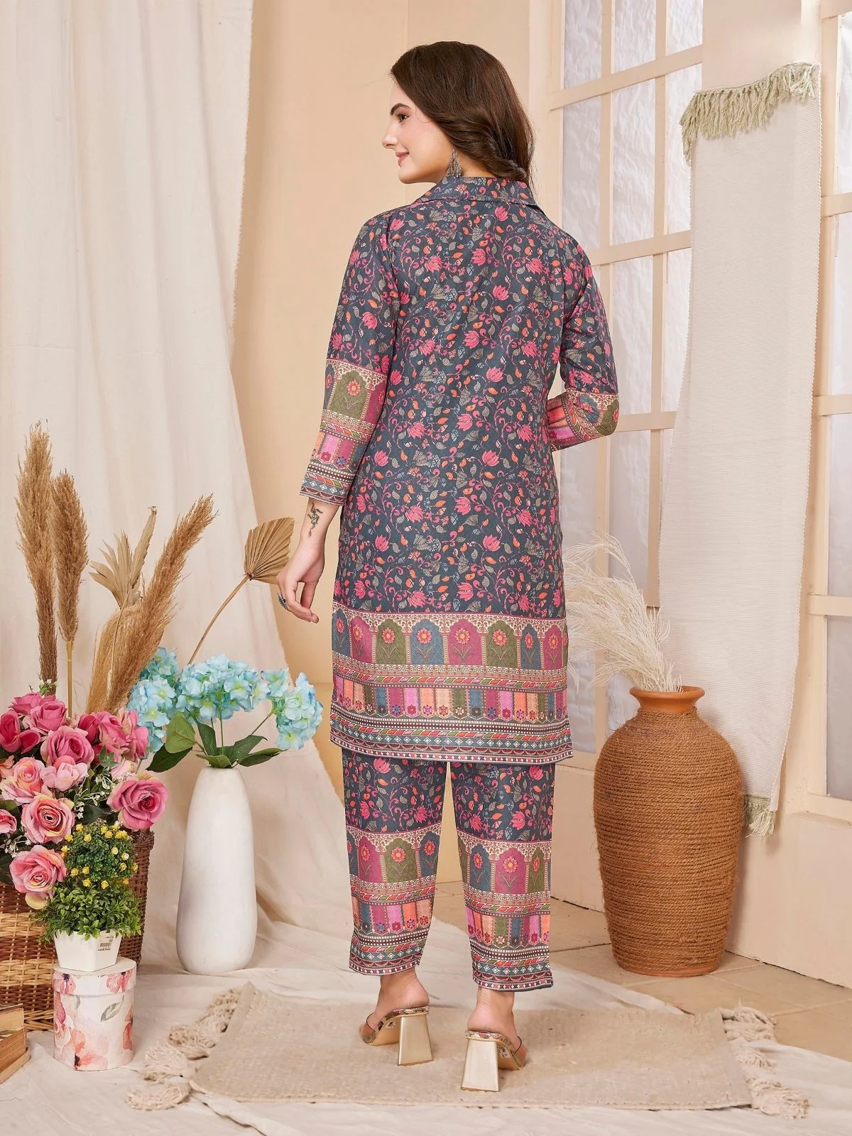 Odette Navy Blue Rayon Printed Semi-Stitched Co-Ord Set For Women - Image 4