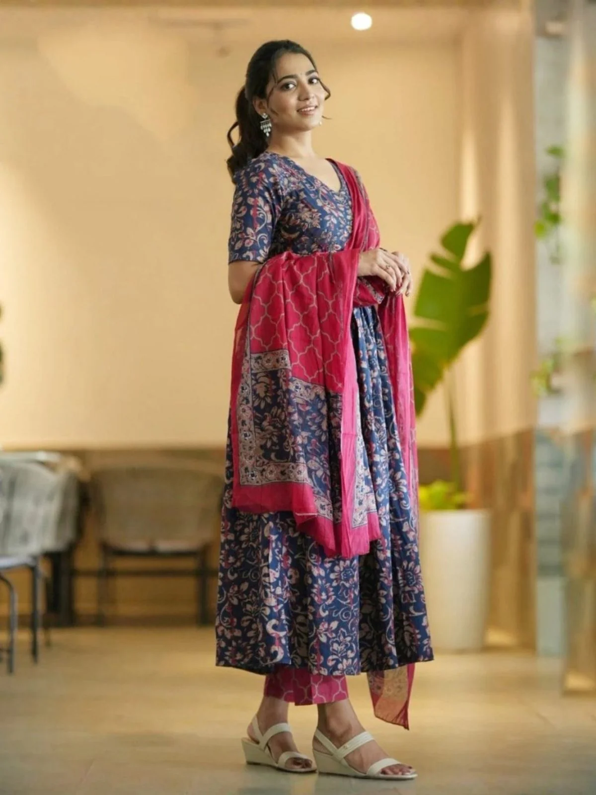 Odette Navy Blue Rayon Printed Stitched Kurta Set For Women - Image 3