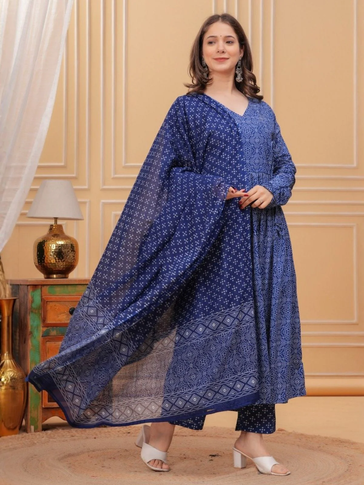 Odette Navy Blue Rayon Printed Stitched Kurta Set For Women - Image 2