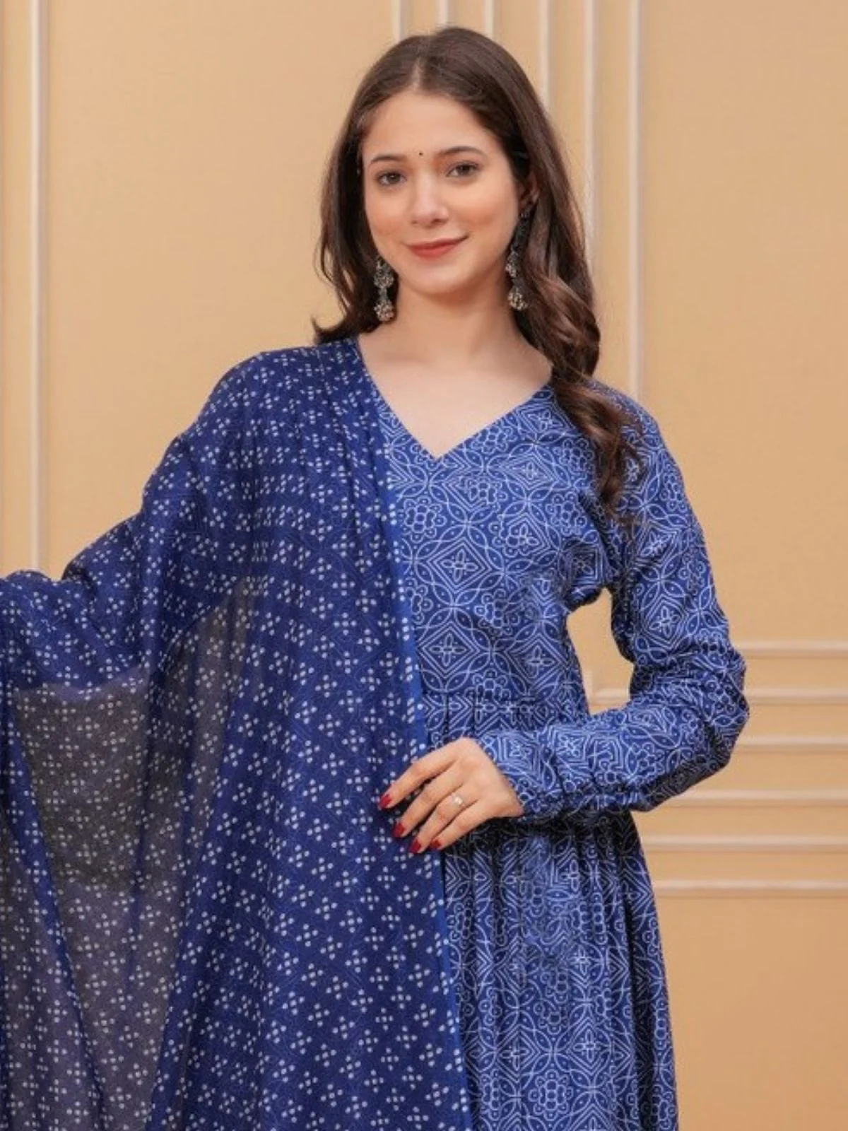 Odette Navy Blue Rayon Printed Stitched Kurta Set For Women - Image 3