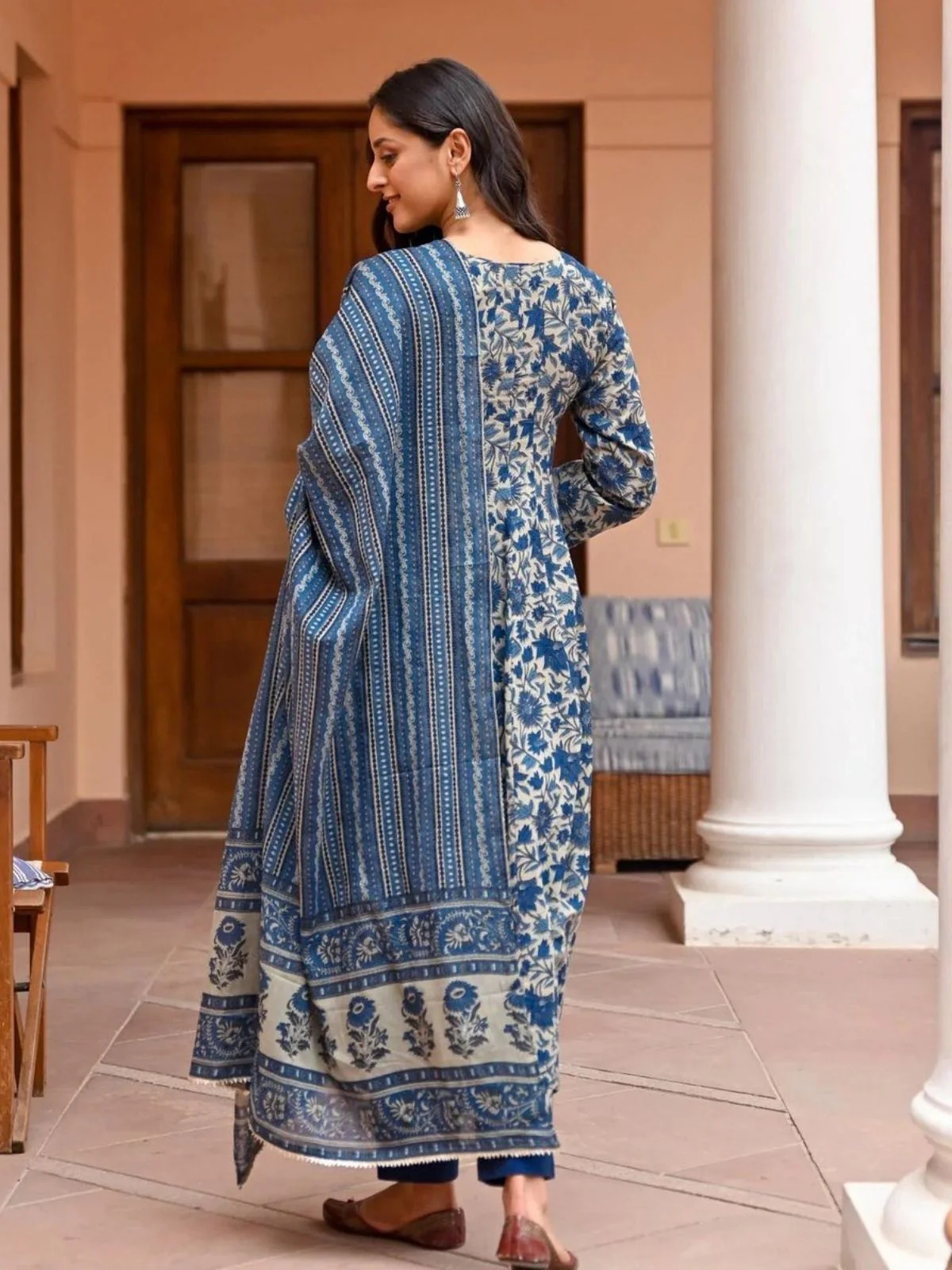 Odette Navy Blue Rayon Printed Stitched Kurta Set For Women - Image 2
