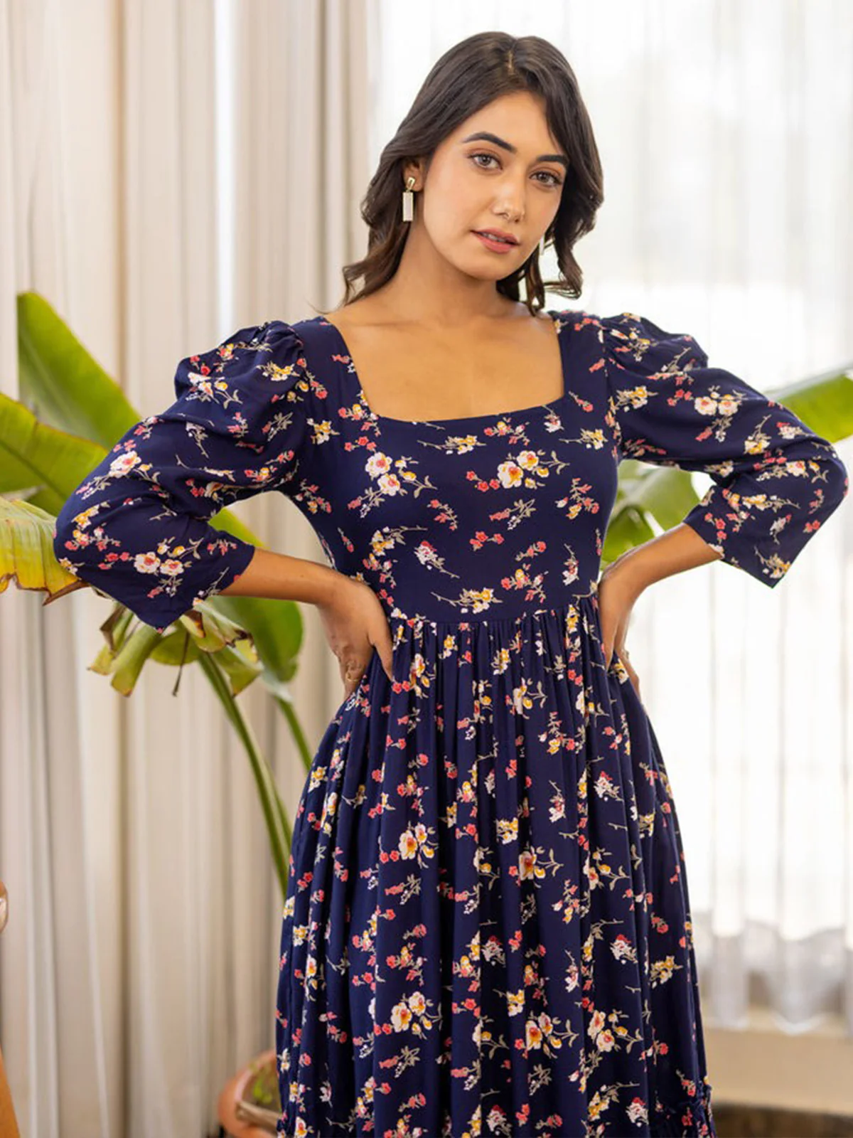 Odette Navy Blue Rayon Stitched Printed Indo Western Dress For Women - Image 3