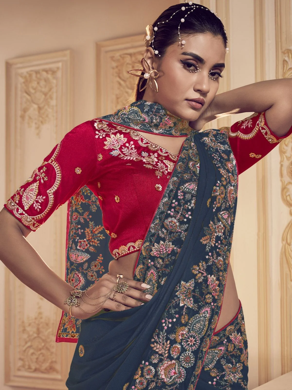 Odette Navy Blue Satin Embroidered Elegant Saree For Women - Image 2