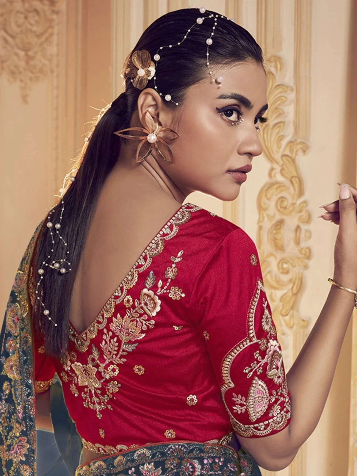 Odette Navy Blue Satin Embroidered Elegant Saree For Women - Image 3