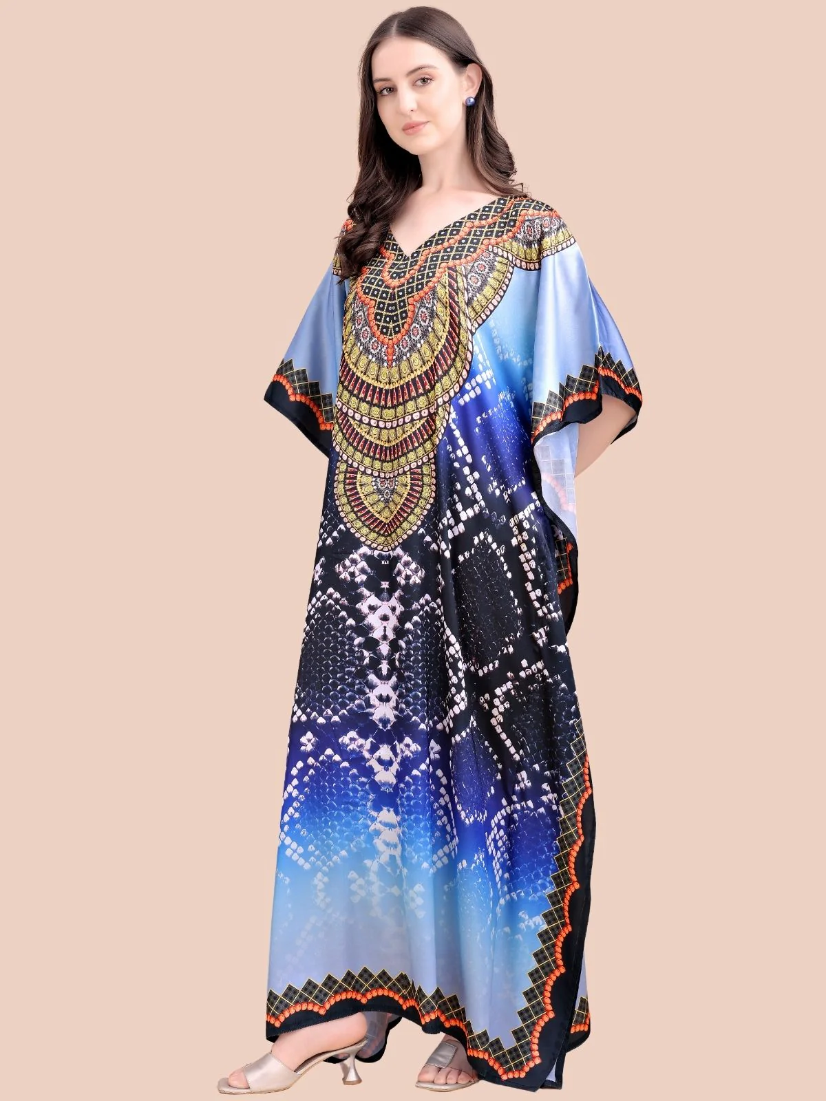 Odette Navy Blue Satin Printed Kaftan For Women - Image 2