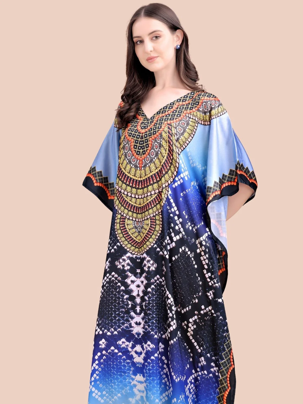 Odette Navy Blue Satin Printed Kaftan For Women - Image 4