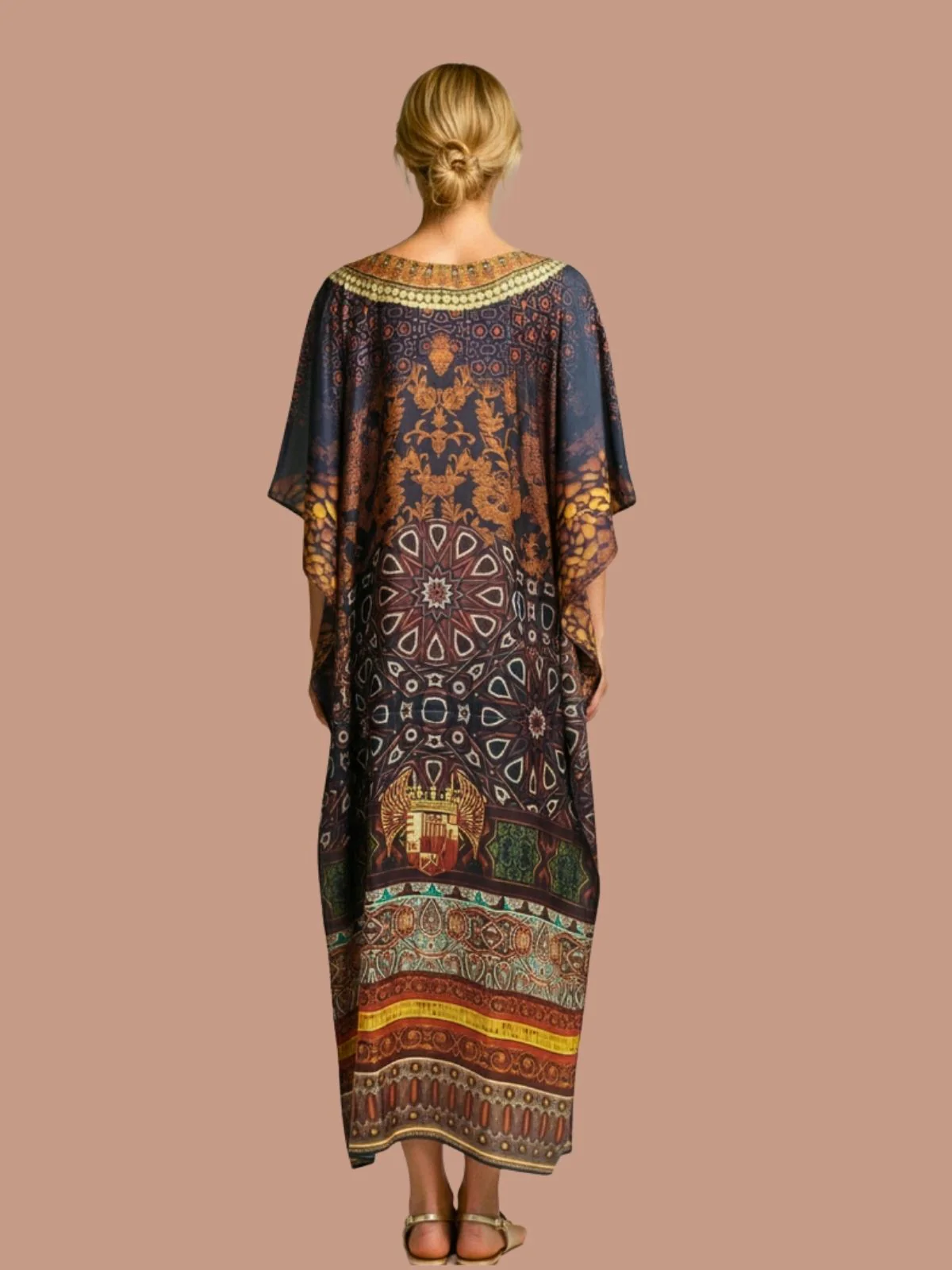 Odette Navy Blue Satin Printed Kaftan For Women - Image 3