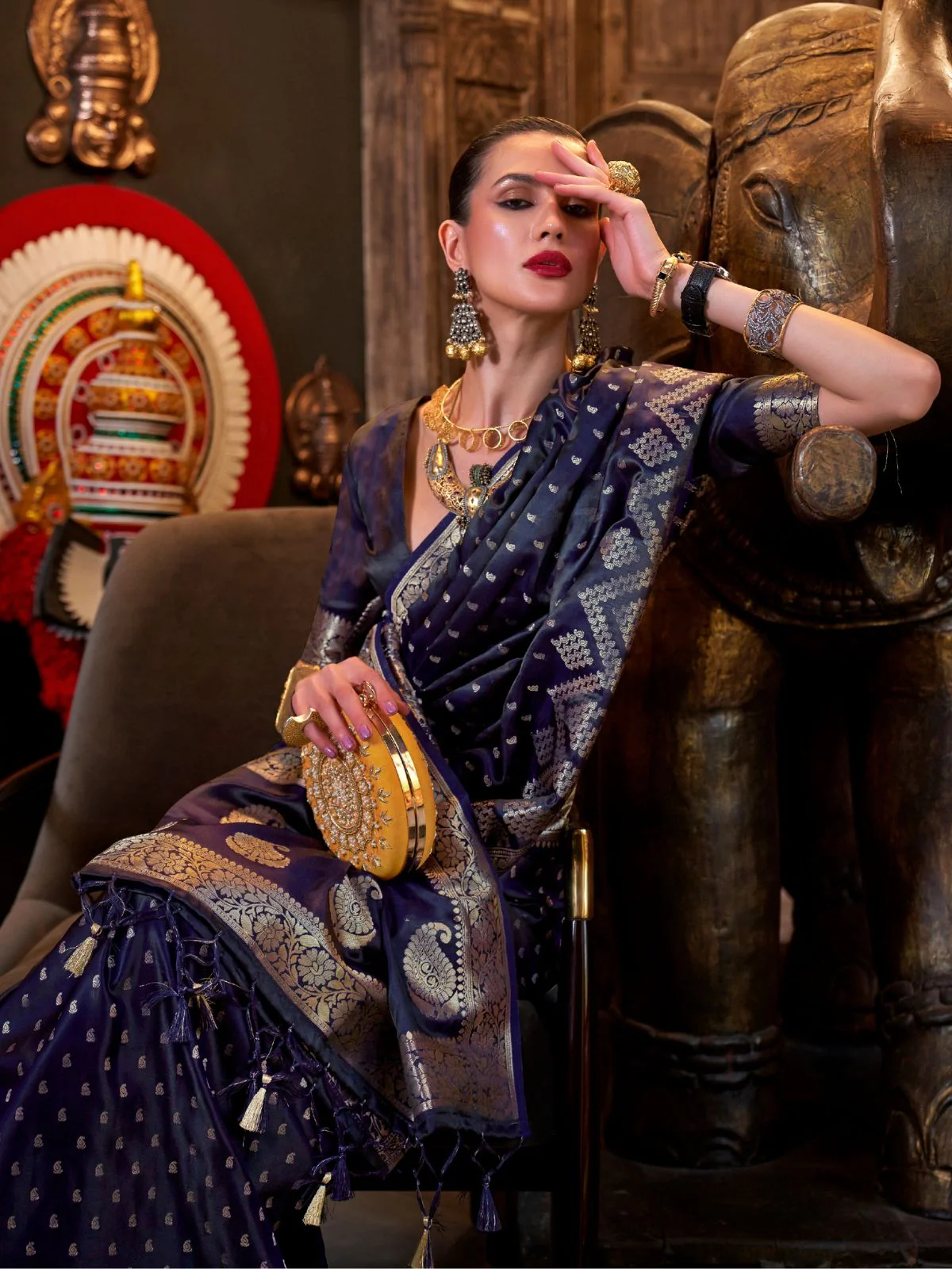 Odette Navy Blue Satin Woven Saree With Unstitched Blouse For Women - Image 2