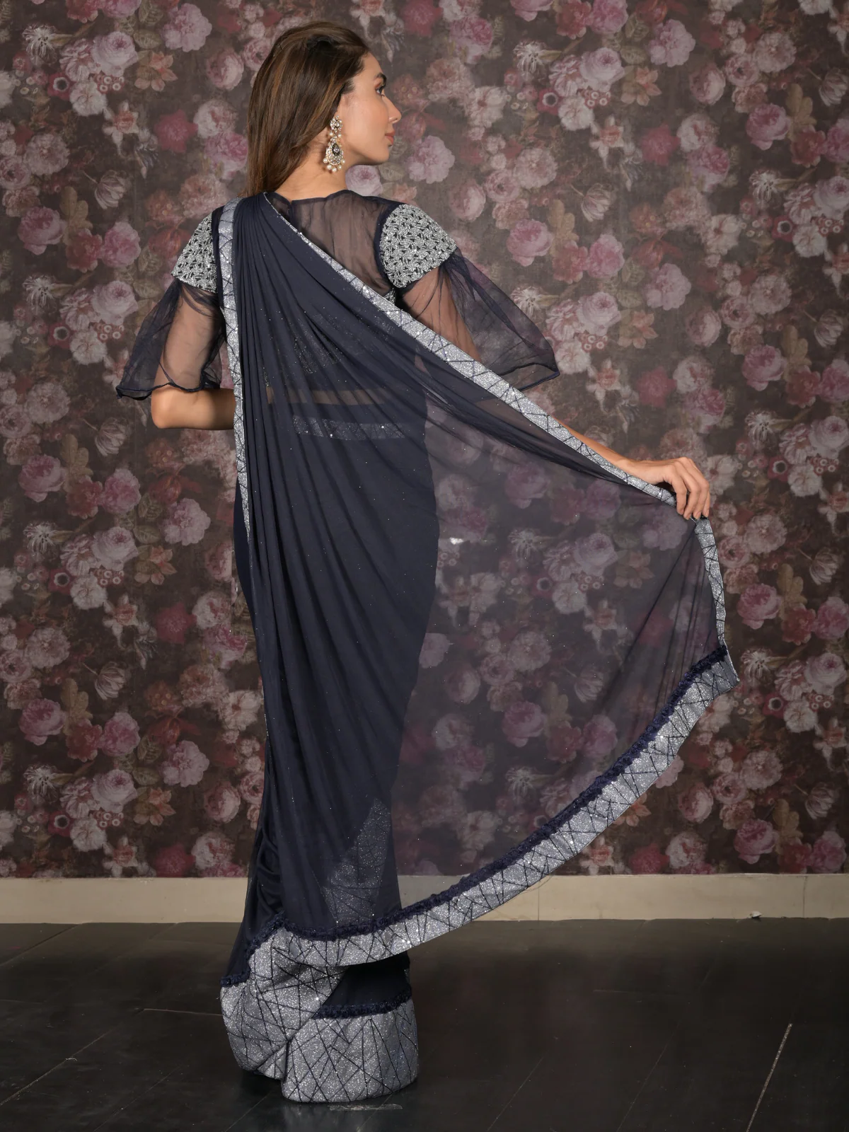Odette Navy Blue Sequins and Zari Embroidered Ready-to-Wear Net Saree with Stitched Blouse for Women - Image 4