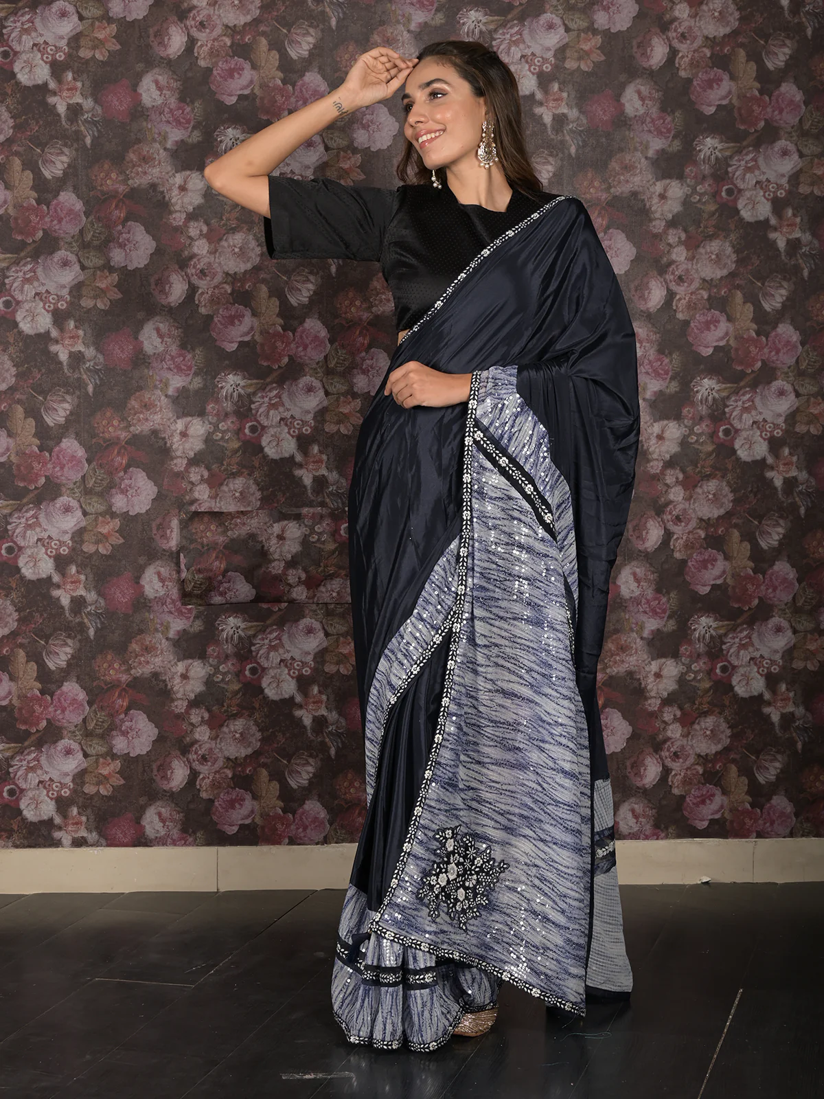 Odette Navy Blue Sequins Embroidered Crepe Saree with Unstitched Blouse for Women - Image 2