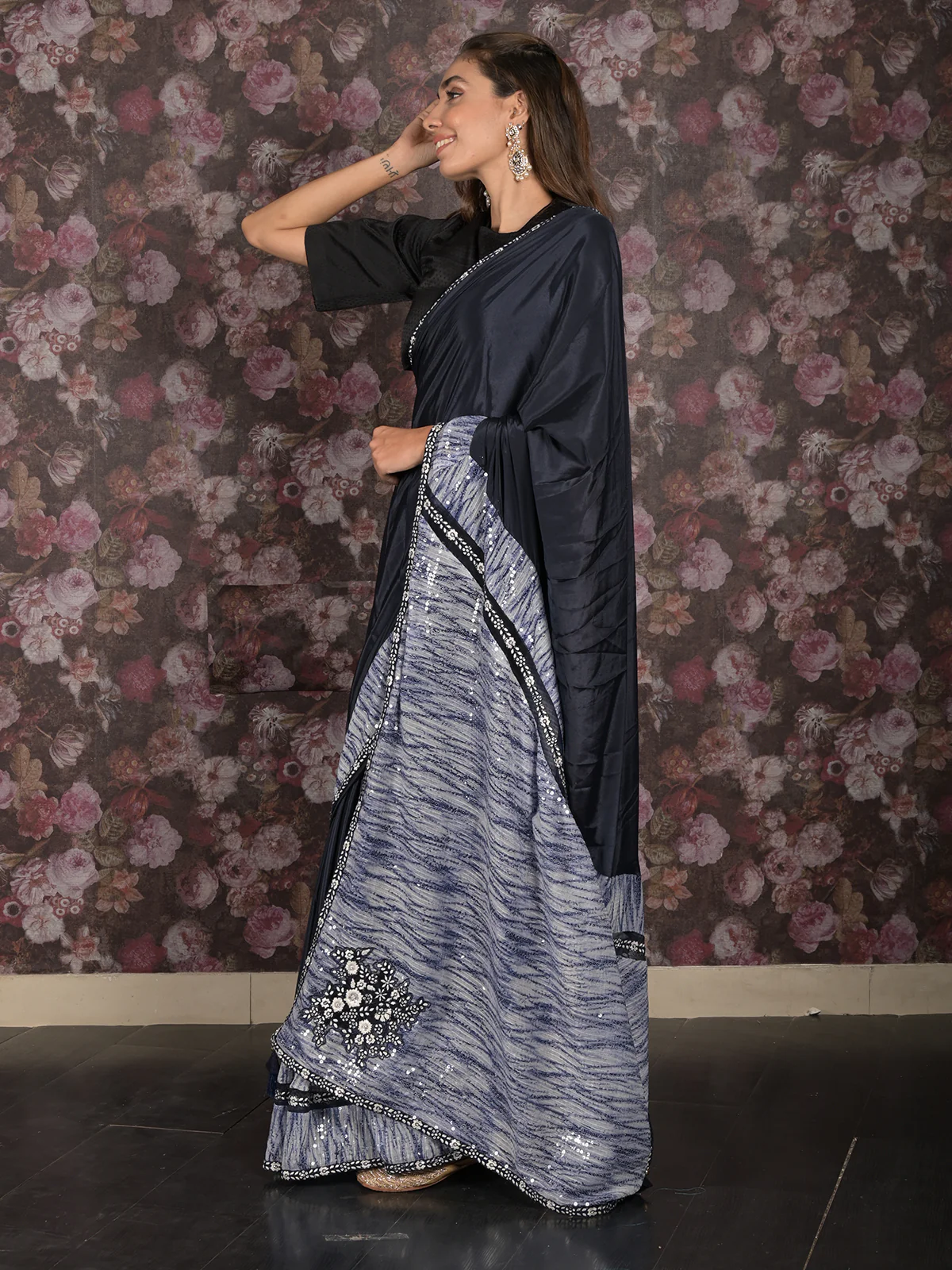 Odette Navy Blue Sequins Embroidered Crepe Saree with Unstitched Blouse for Women - Image 3