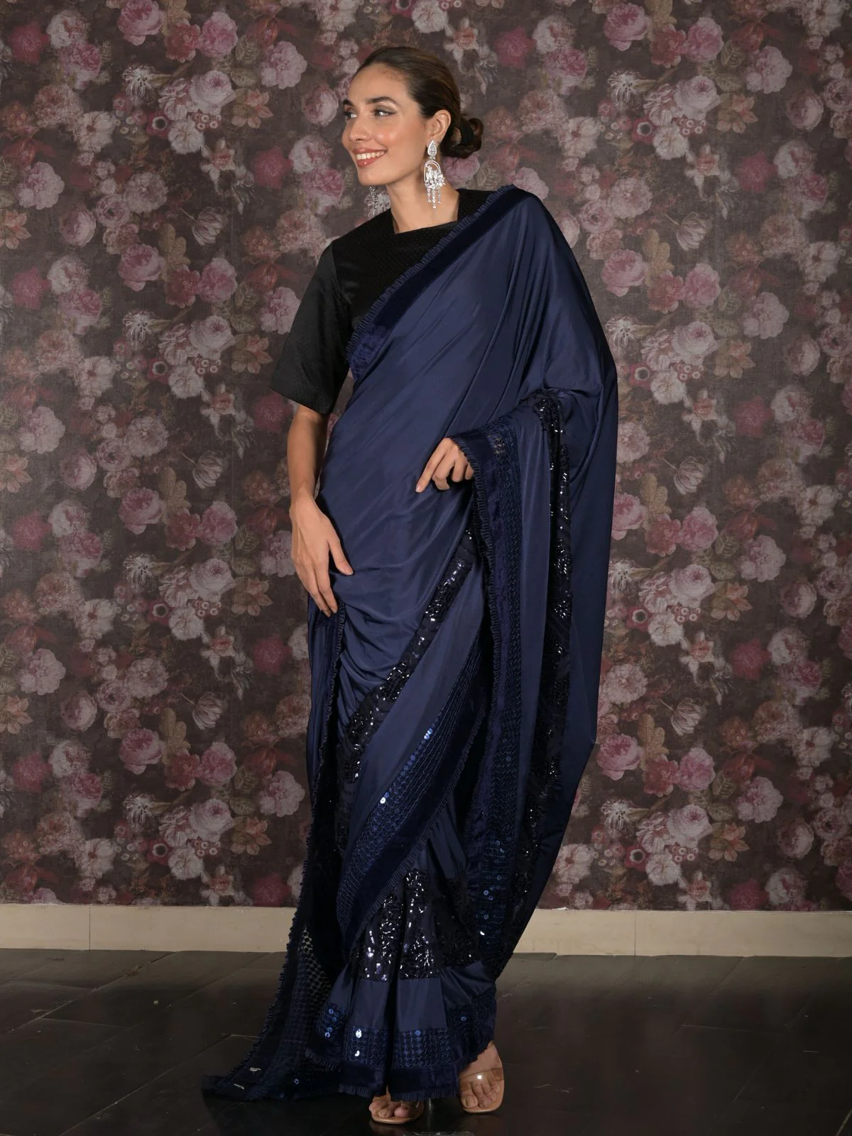 Odette Navy Blue Sequins Embroidered Lycra Saree with Unstitched Blouse for Women - Image 2
