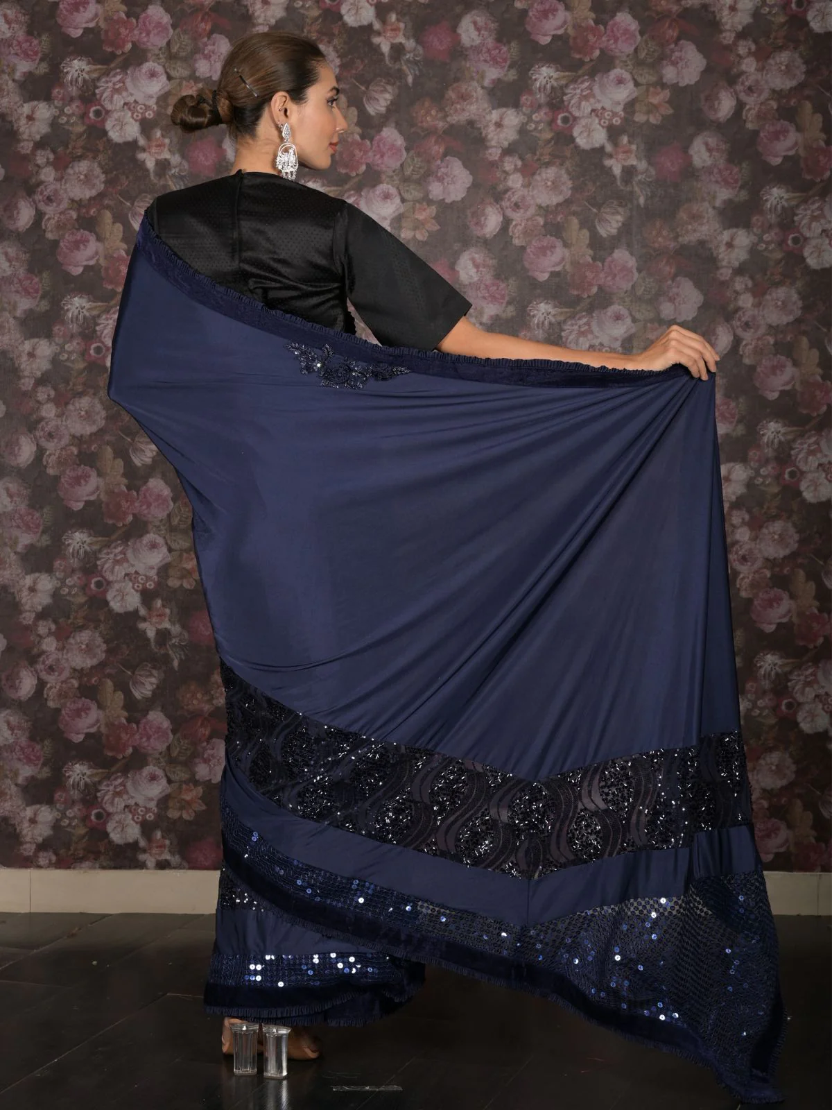Odette Navy Blue Sequins Embroidered Lycra Saree with Unstitched Blouse for Women - Image 4