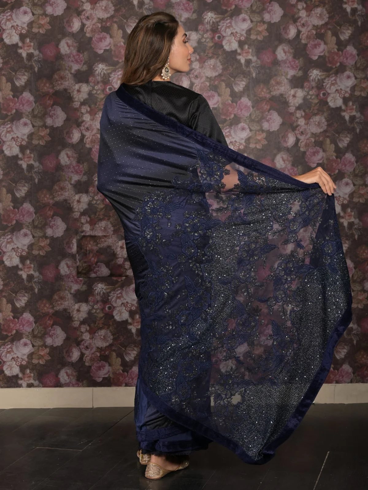 Odette Navy Blue Sequins Embroidered Lycra Saree with Unstitched Blouse for Women - Image 3