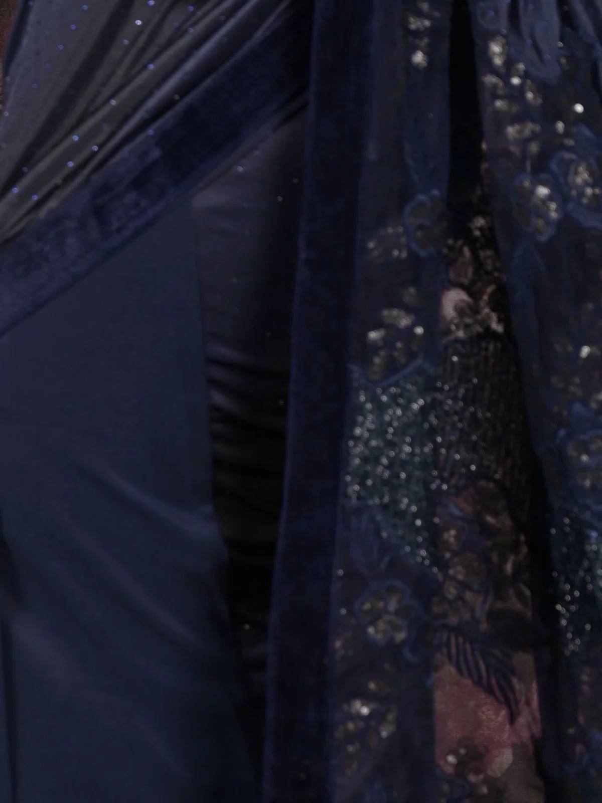 Odette Navy Blue Sequins Embroidered Lycra Saree with Unstitched Blouse for Women - Image 4