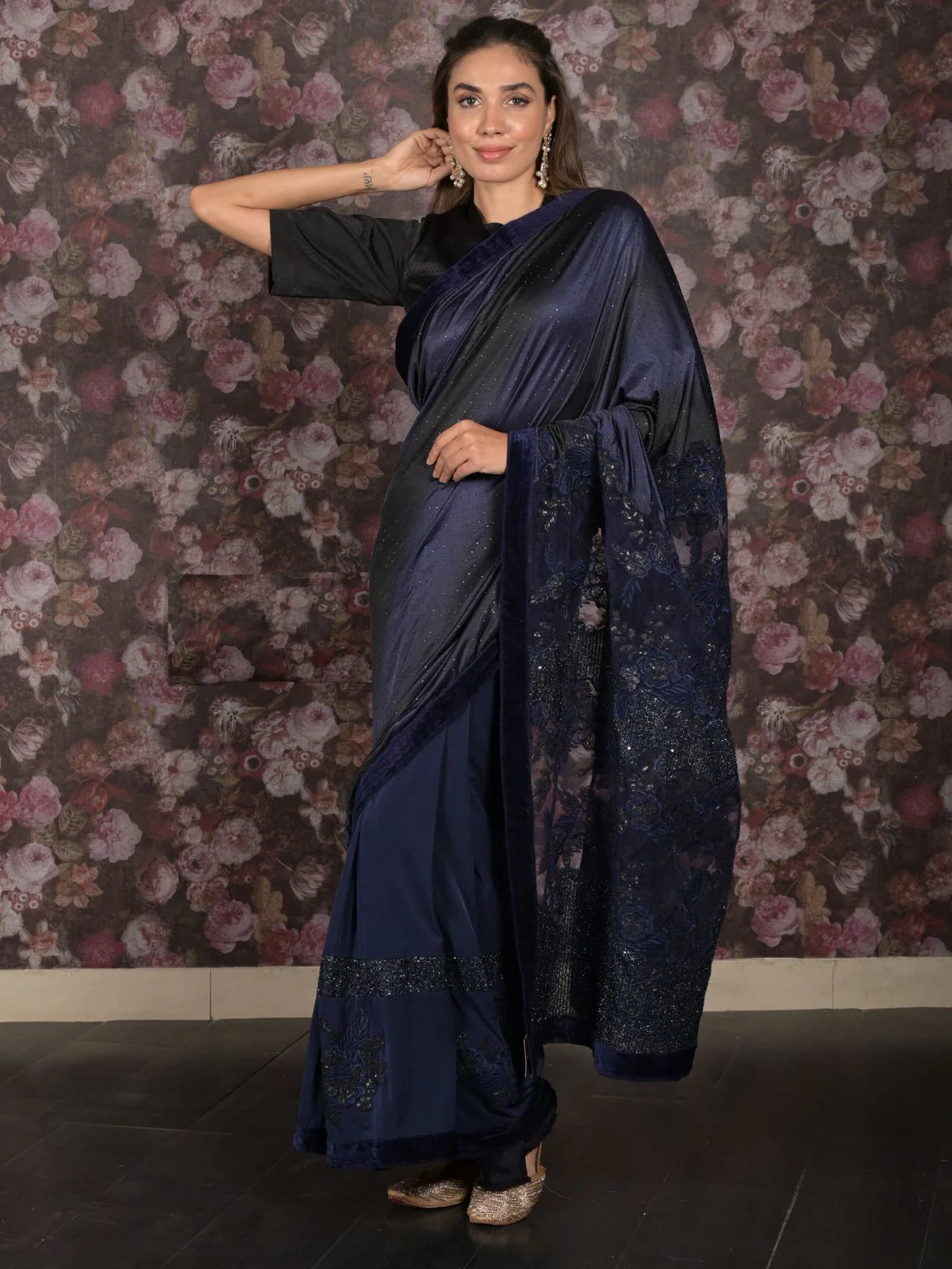 Odette Navy Blue Sequins Embroidered Lycra Saree with Unstitched Blouse for Women - Image 5