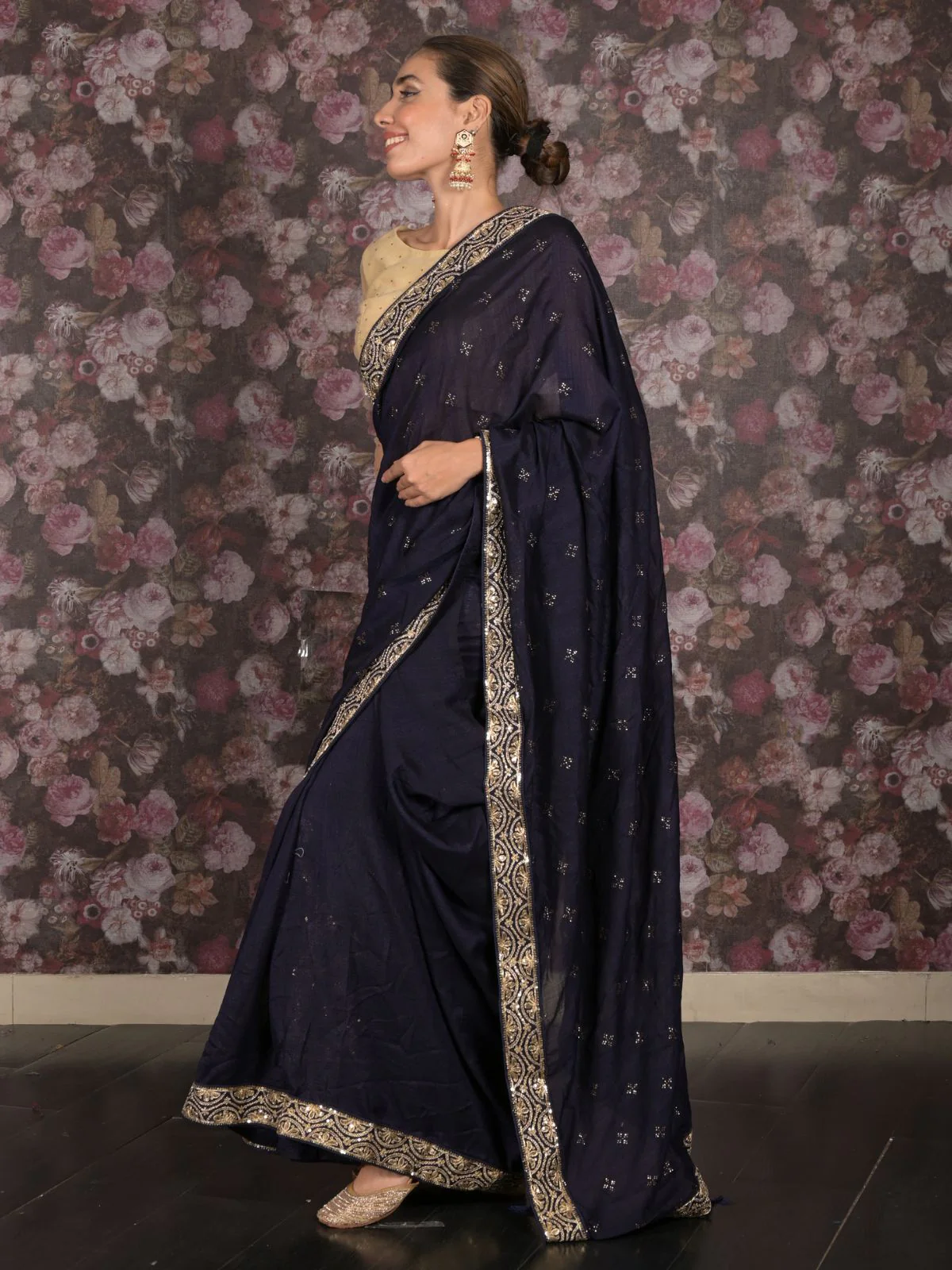 Odette Navy Blue Sequins Embroidered Silk Blend Saree with Unstitched Blouse for Women - Image 3