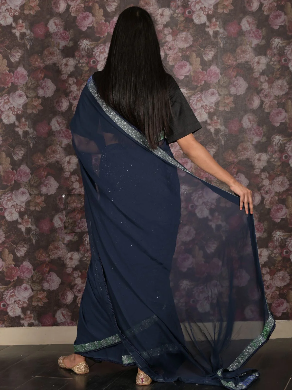 Odette Navy Blue Shimmer Lace Embellished Poly Georgette Saree with Unstitched Blouse for Women - Image 4