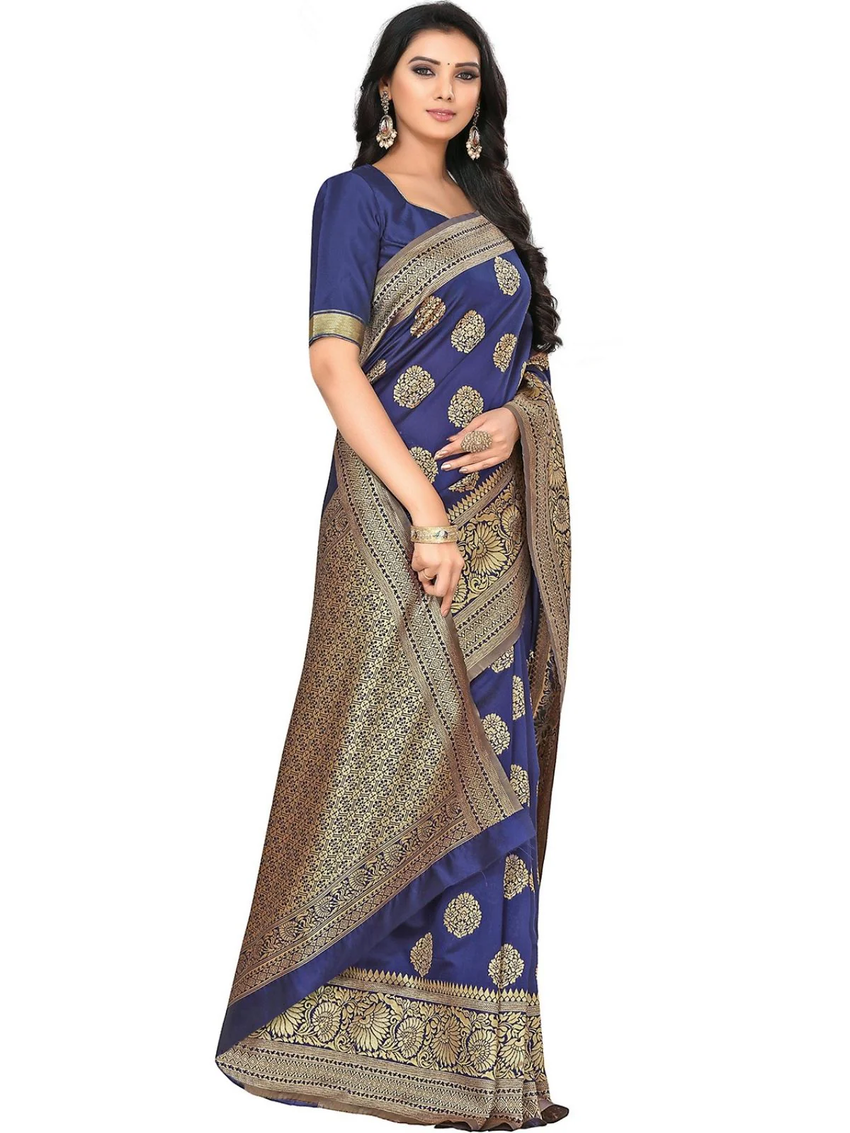 Odette Navy Blue Silk Blend Embellished Saree For Women - Image 3