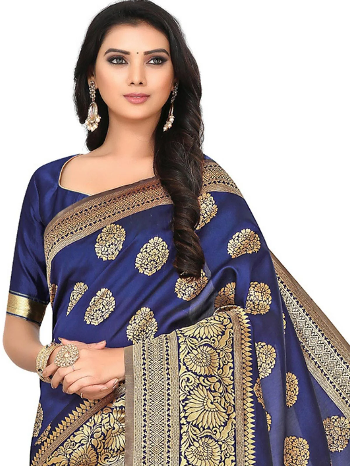 Odette Navy Blue Silk Blend Embellished Saree For Women - Image 5