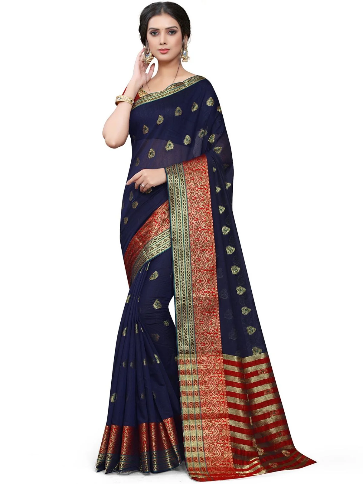 Odette Navy Blue Silk Blend Embellished Saree For Women - Image 3