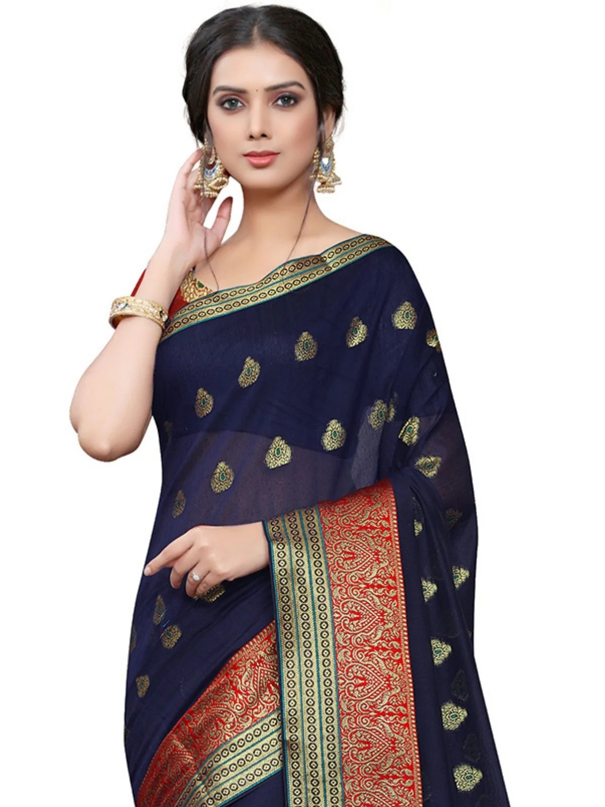 Odette Navy Blue Silk Blend Embellished Saree For Women - Image 5
