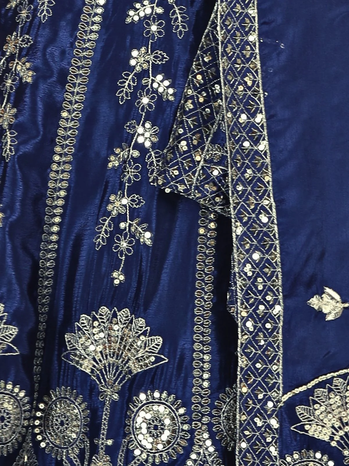 Odette Navy Blue Silk Blend Embellished Semi Stitched Lehenga For Women - Image 6