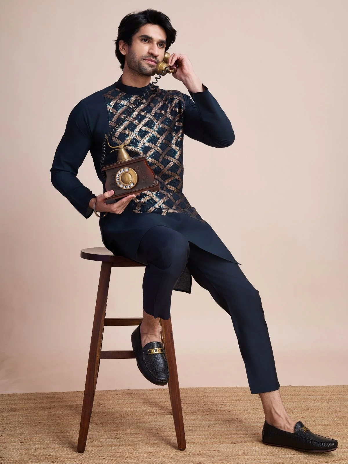 Odette Navy Blue Silk Blend Embellished Stitched Kurta With Pant For Men - Image 3