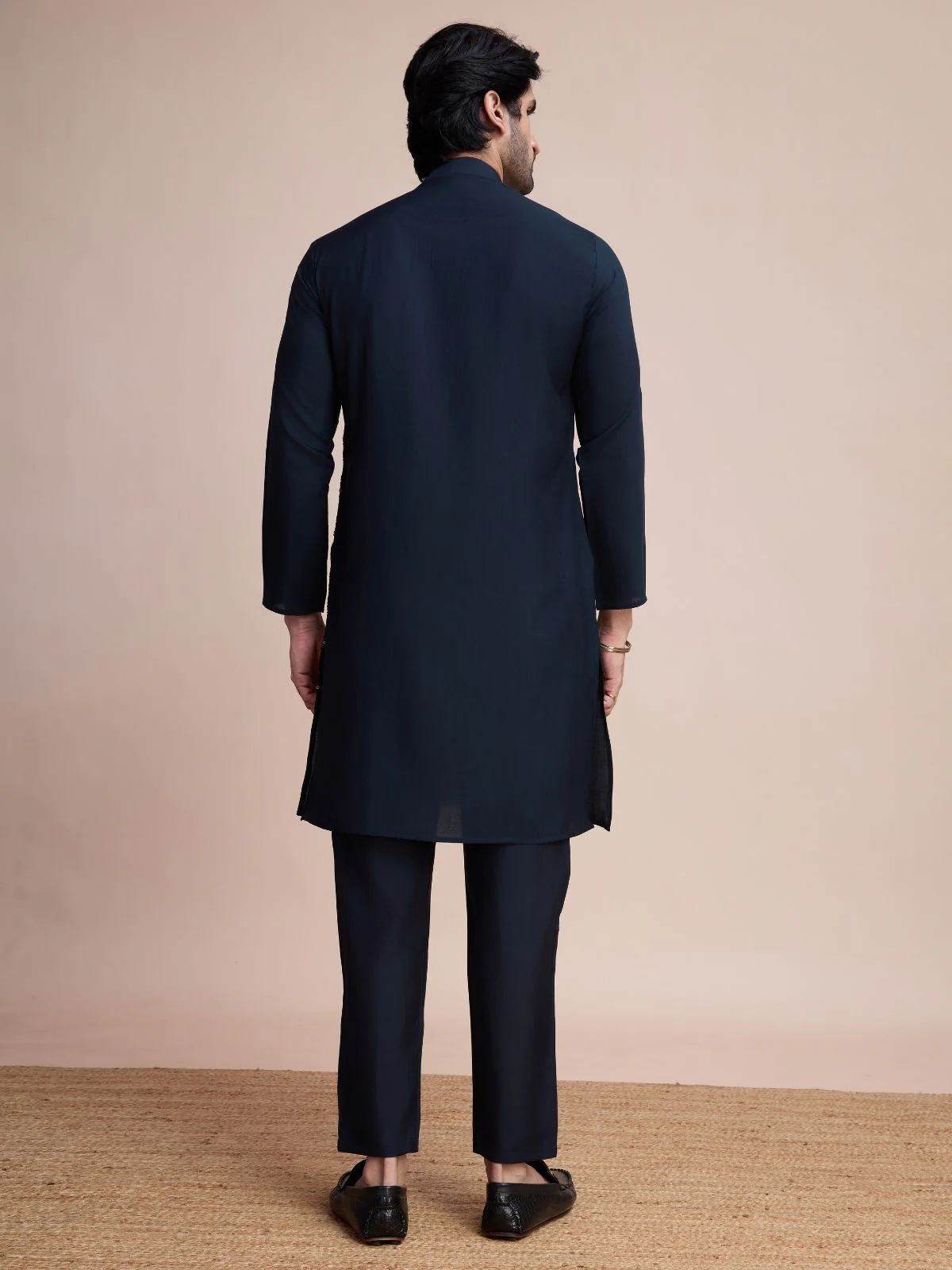 Odette Navy Blue Silk Blend Embellished Stitched Kurta With Pant For Men - Image 5