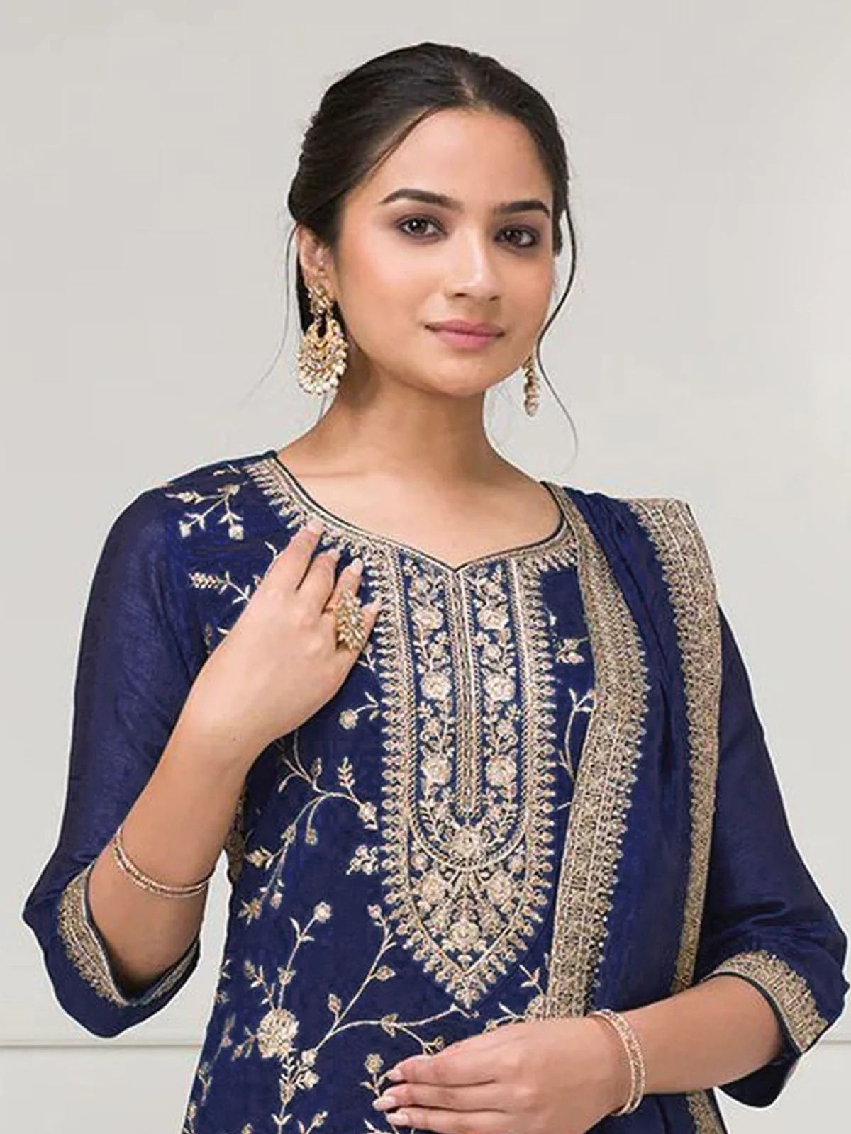 Odette Navy Blue Silk Blend Embroidered Semi-Stitched Kurta Set For Women - Image 3