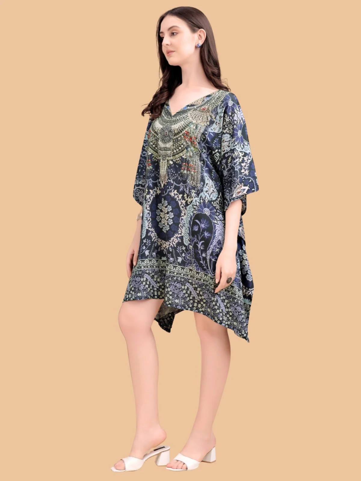 Odette Navy Blue Silk Blend Printed Kaftan For Women - Image 2