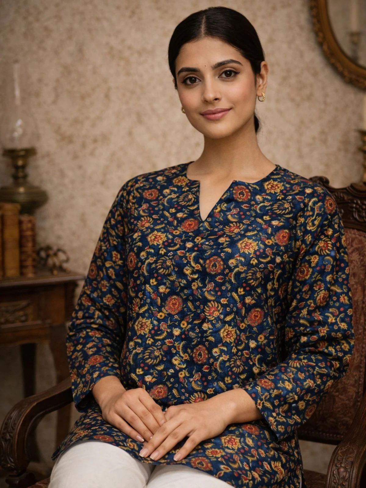 Odette Navy Blue Silk Blend Printed Solid Kurti For Women - Image 2
