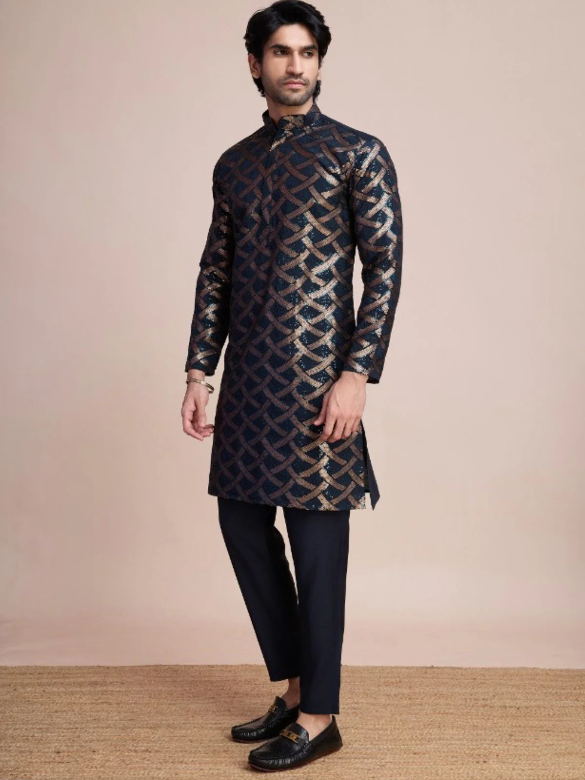 Odette Navy Blue Silk Blend Sequins Stitched  Kurta For Men - Image 2