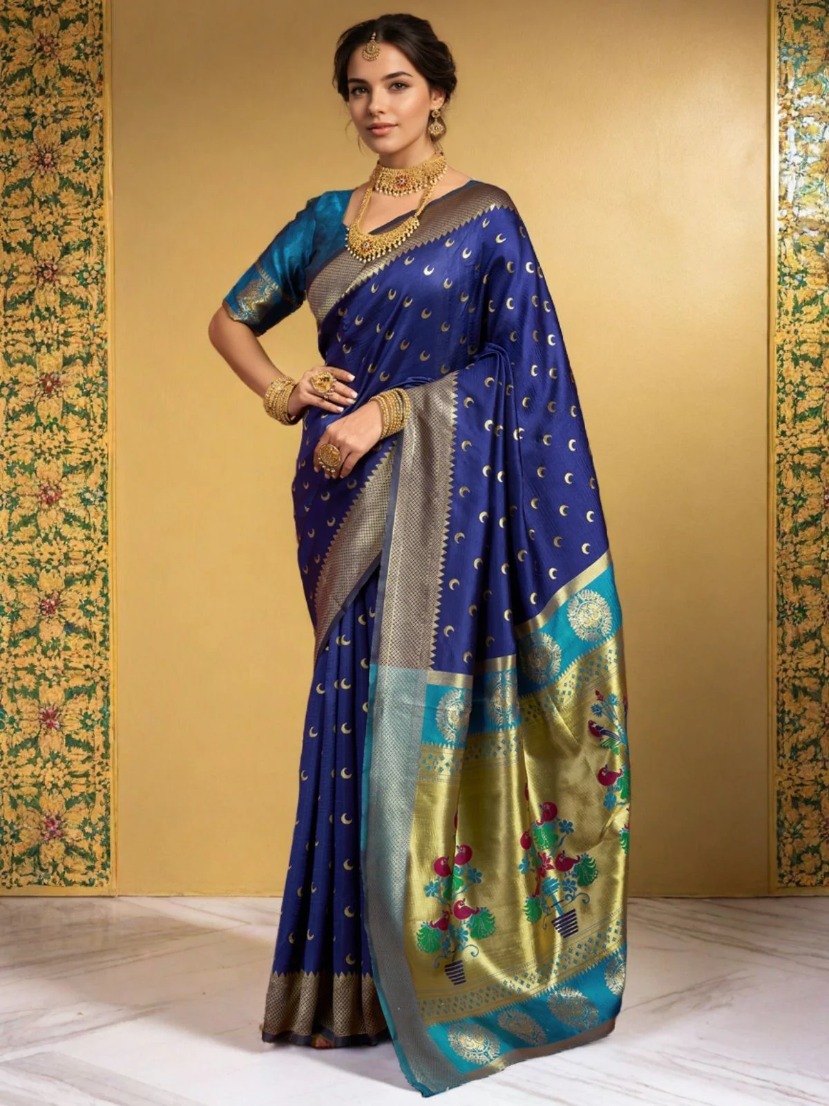 Odette Navy Blue Silk Woven Saree For Women - Image 2
