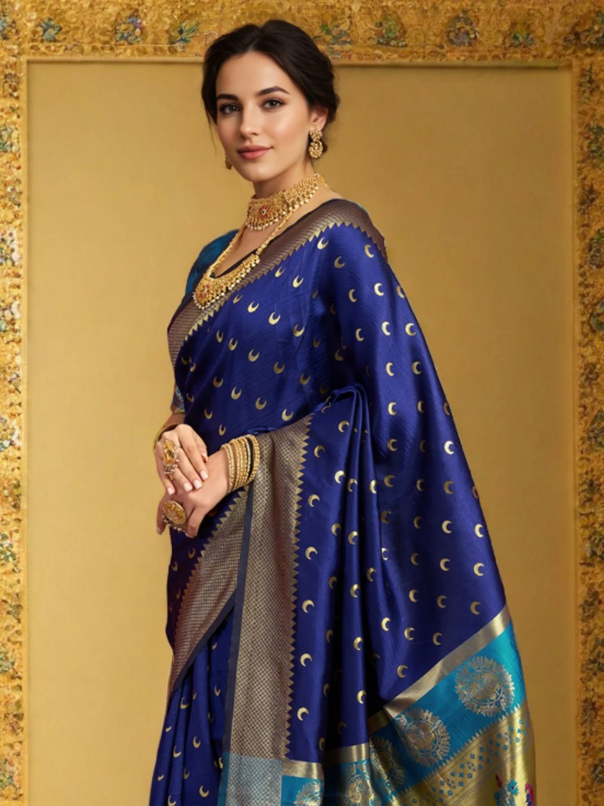 Odette Navy Blue Silk Woven Saree For Women - Image 4