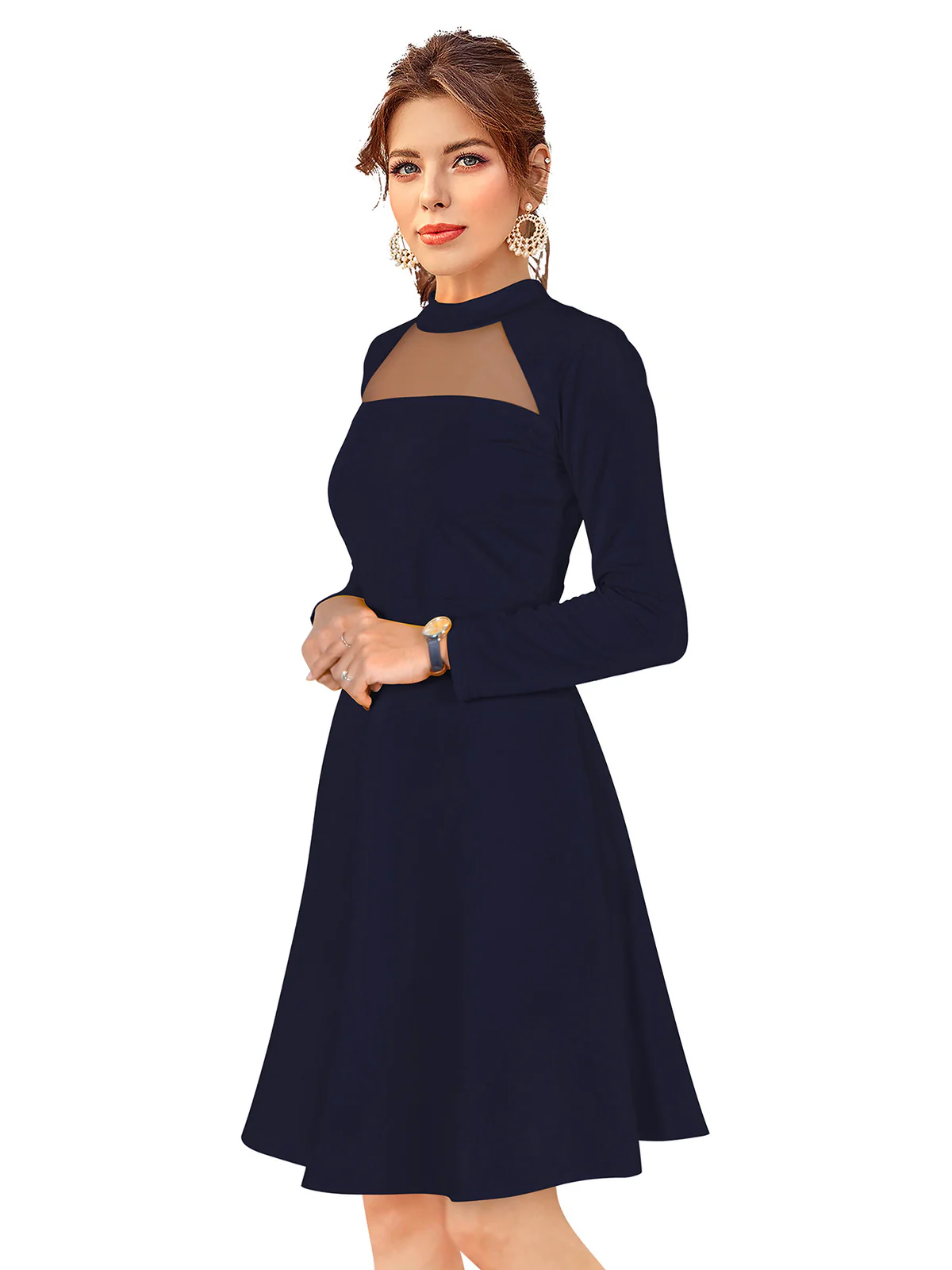 Odette Navy Blue Skater Knit Fabric Dress For Women - Image 3