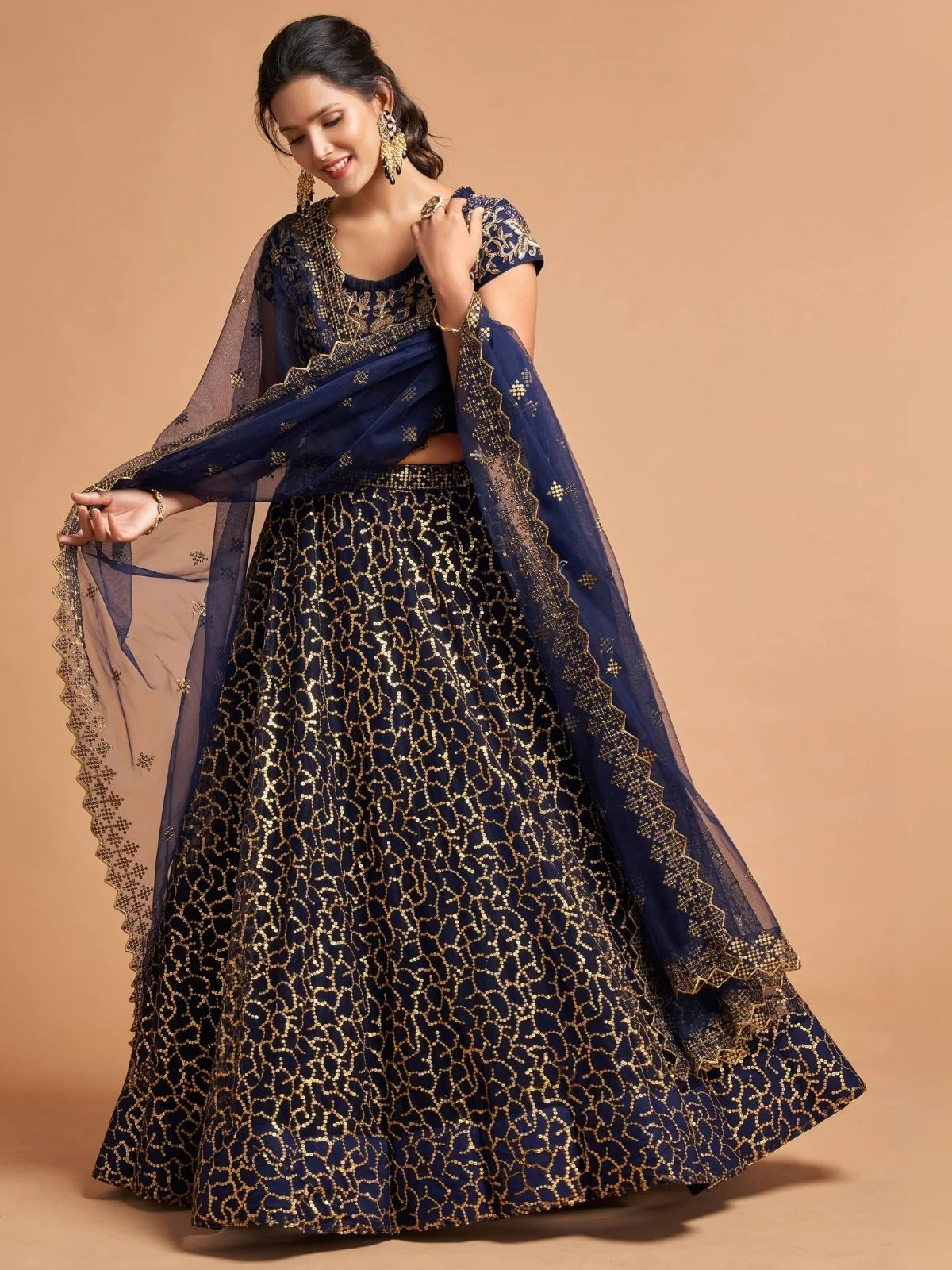 Odette Navy Blue Soft Net Embroidered Semi Stitched Lehenga With Blouse For Women - Image 2