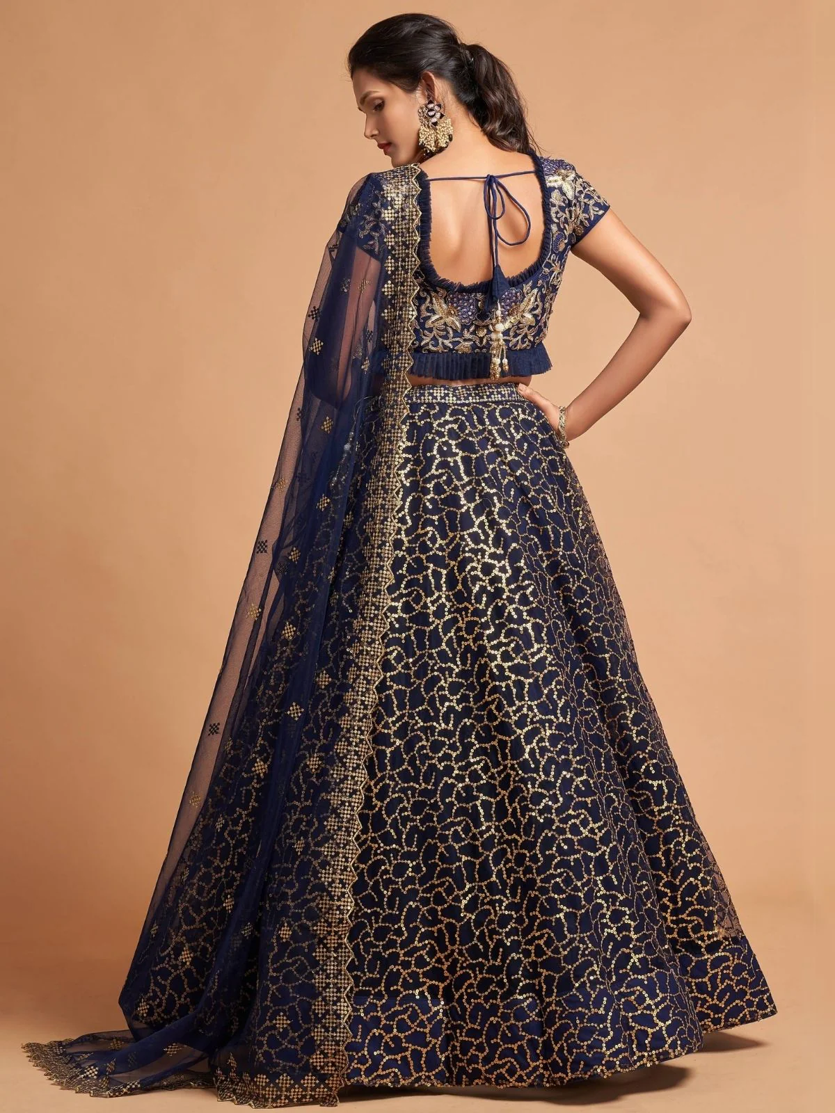 Odette Navy Blue Soft Net Embroidered Semi Stitched Lehenga With Blouse For Women - Image 4