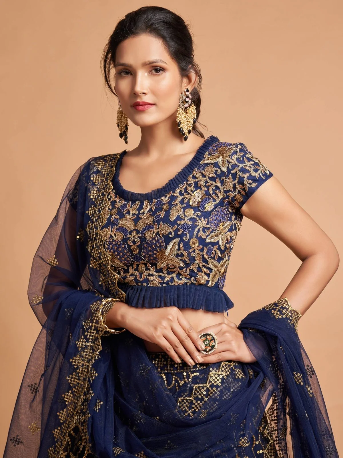 Odette Navy Blue Soft Net Embroidered Semi Stitched Lehenga With Blouse For Women - Image 5