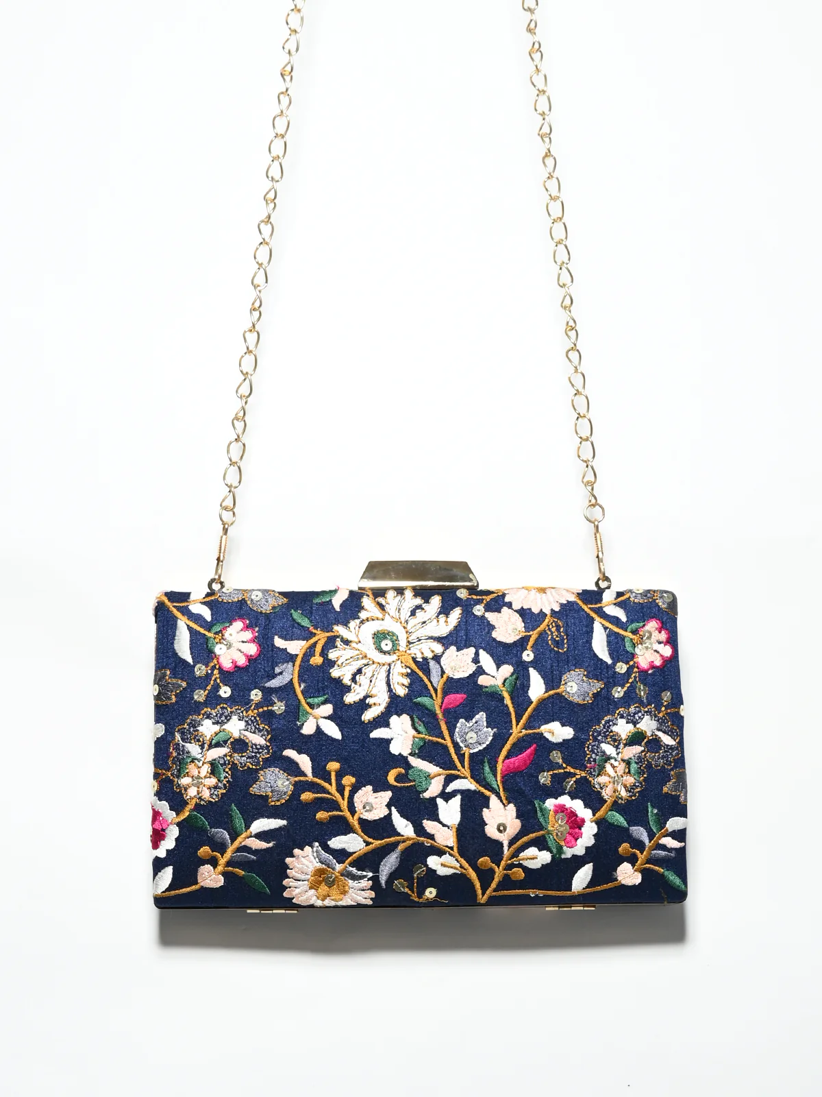 Odette Navy Blue Suede Floral Embroidery Embroidered Clutch For Women - Image 2