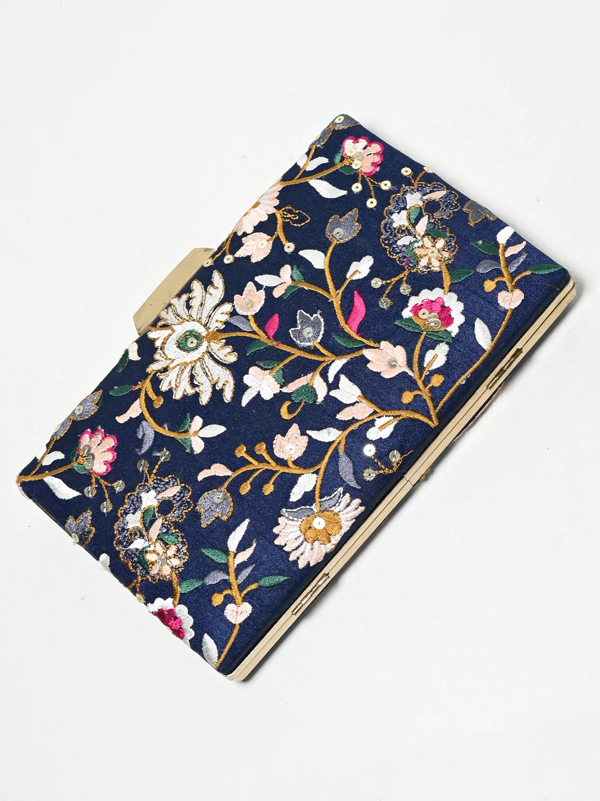 Odette Navy Blue Suede Floral Embroidery Embroidered Clutch For Women - Image 5