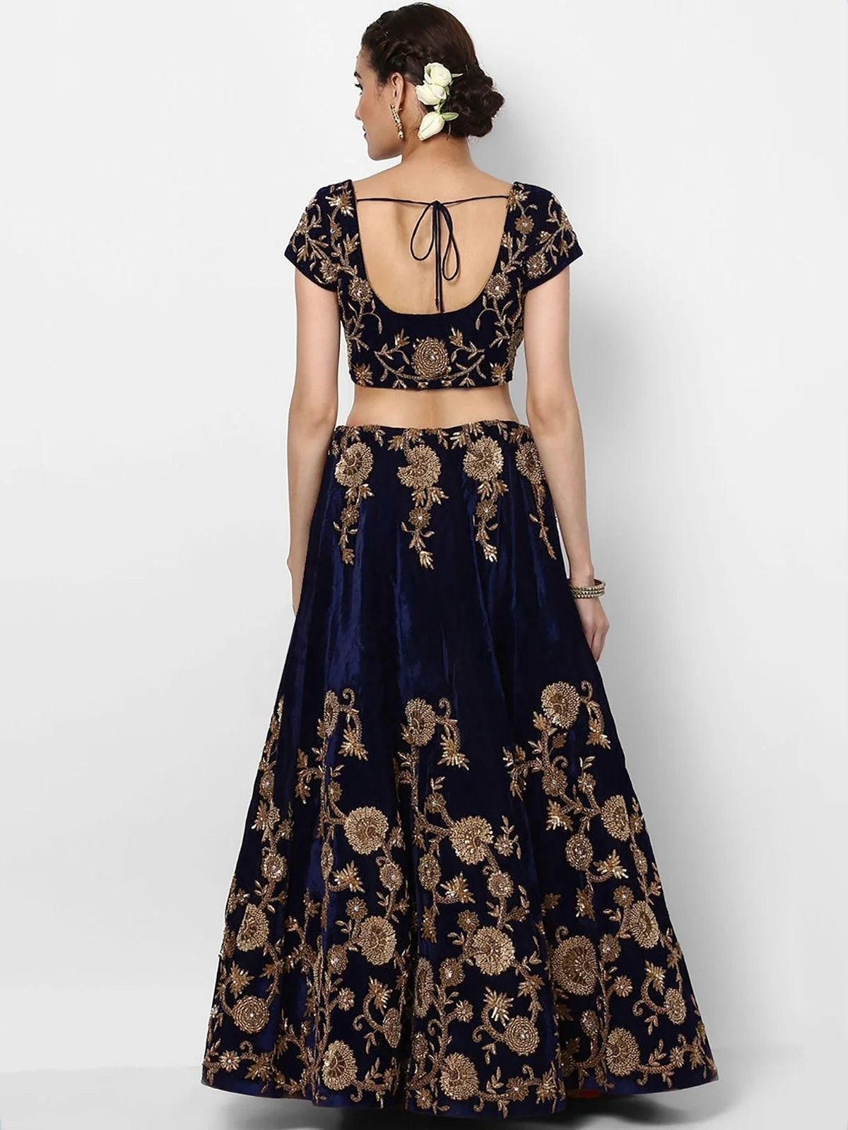 Odette Navy Blue Velvet Embroidered Semi-Stitched lehenga For Women - Image 3