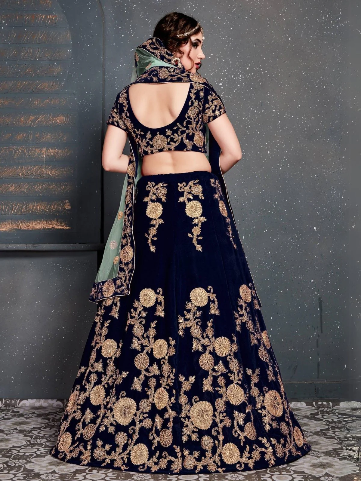 Odette Navy Blue Velvet Embroidered Semi Stitched Lehenga With Blouse For Women - Image 4