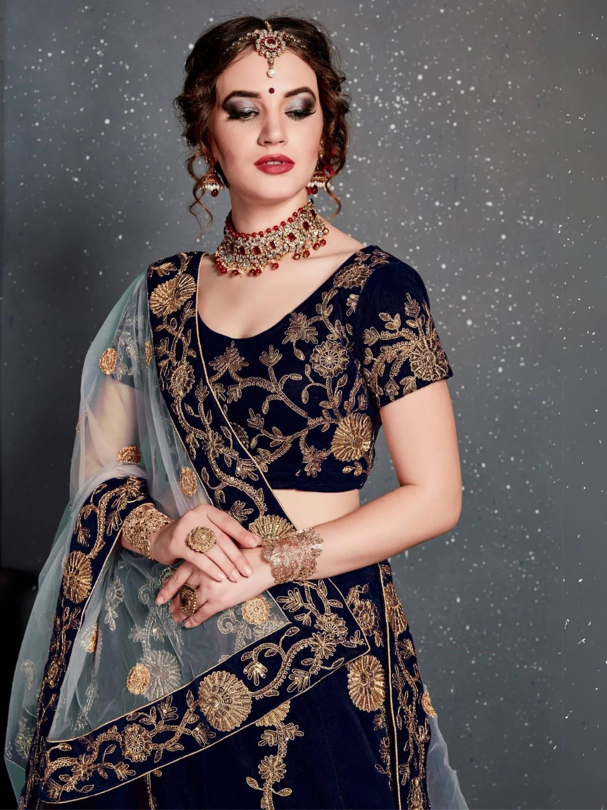 Odette Navy Blue Velvet Embroidered Semi Stitched Lehenga With Blouse For Women - Image 5