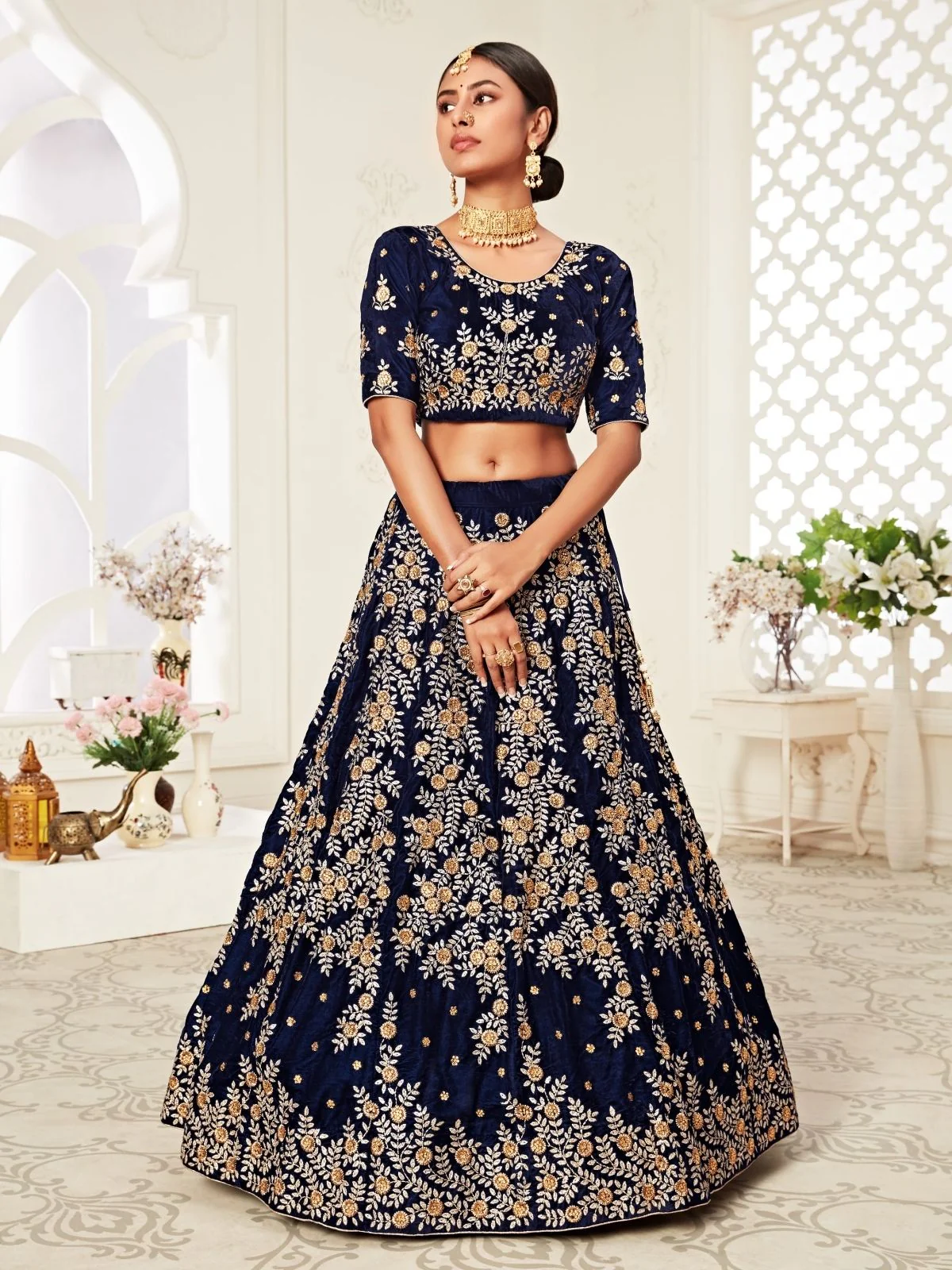 Odette Navy Blue Velvet Embroidered Semi Stitched Lehenga With Unstitched Blouse For Women - Image 3