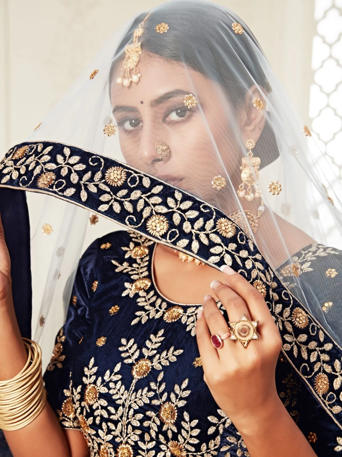 Odette Navy Blue Velvet Embroidered Semi Stitched Lehenga With Unstitched Blouse For Women - Image 5