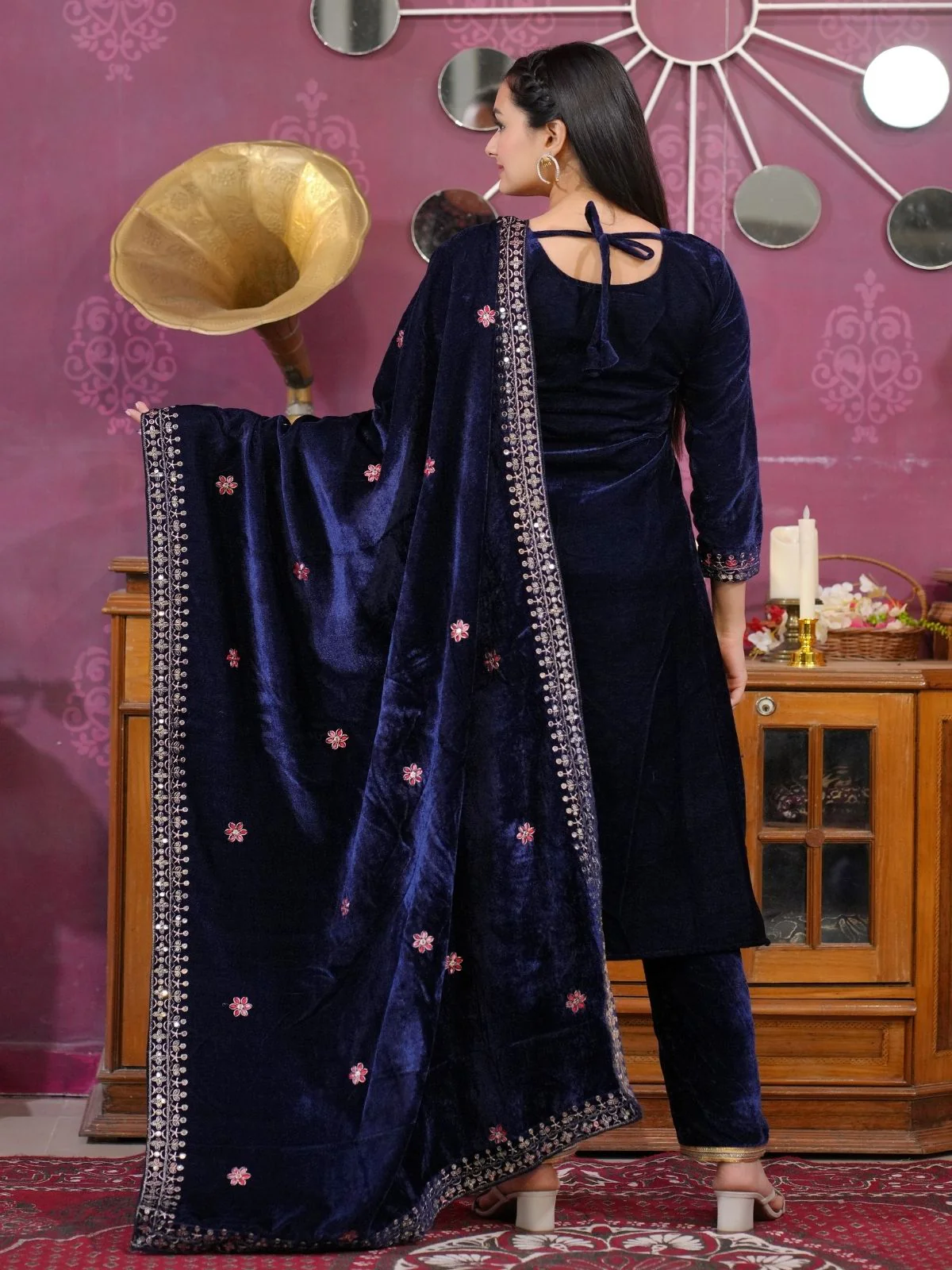Odette Navy Blue Velvet Embroidered Stitched Kurta Set For Women - Image 2