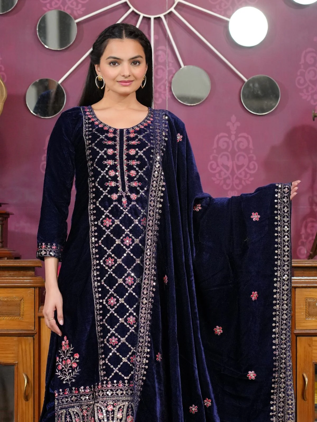 Odette Navy Blue Velvet Embroidered Stitched Kurta Set For Women - Image 4