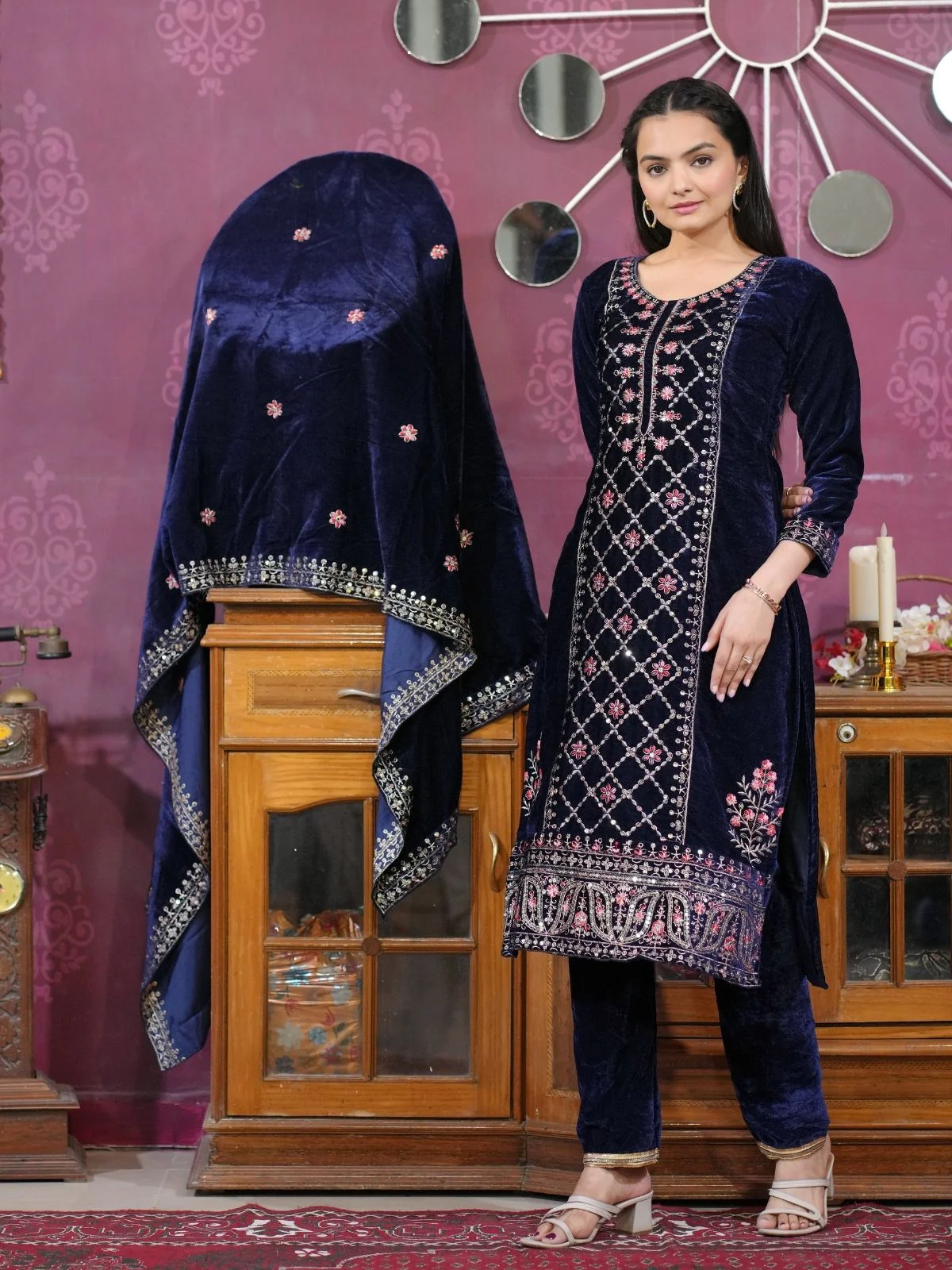 Odette Navy Blue Velvet Embroidered Stitched Kurta Set For Women - Image 6