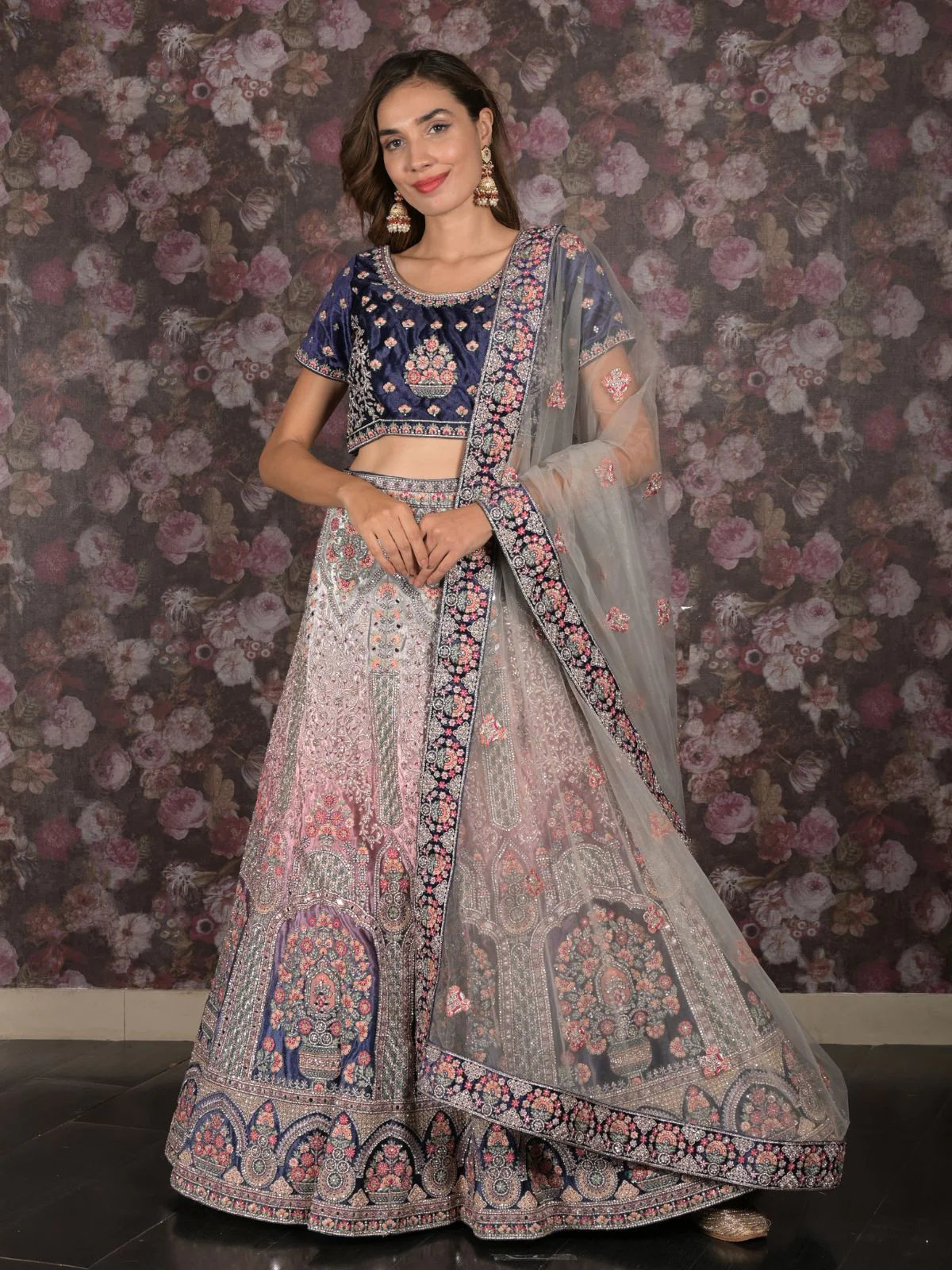 Odette Navy Blue Velvet Heavy Embroidered Semi Stitched Bridal Lehenga Set With Dupatta And Stitched Blouse For Women